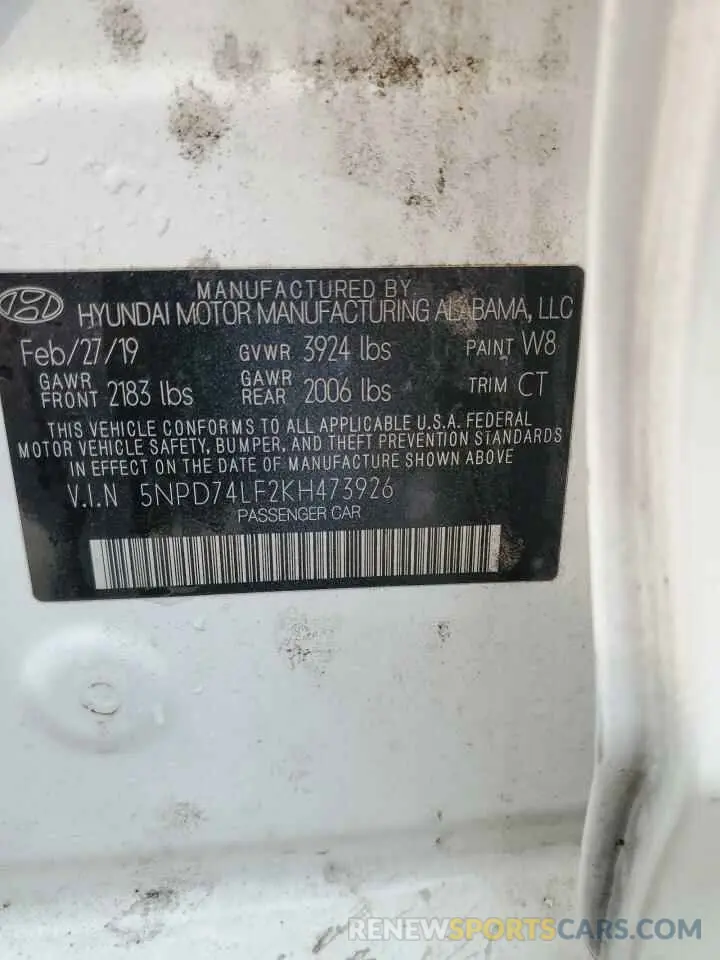 12 fotografías del automóvil dañado 5NPD74LF2KH473926 HYUNDAI ELANTRA 2019