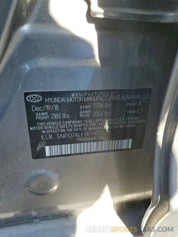 13 fotografías del automóvil dañado 5NPD74LF3KH453538 HYUNDAI ELANTRA 2019