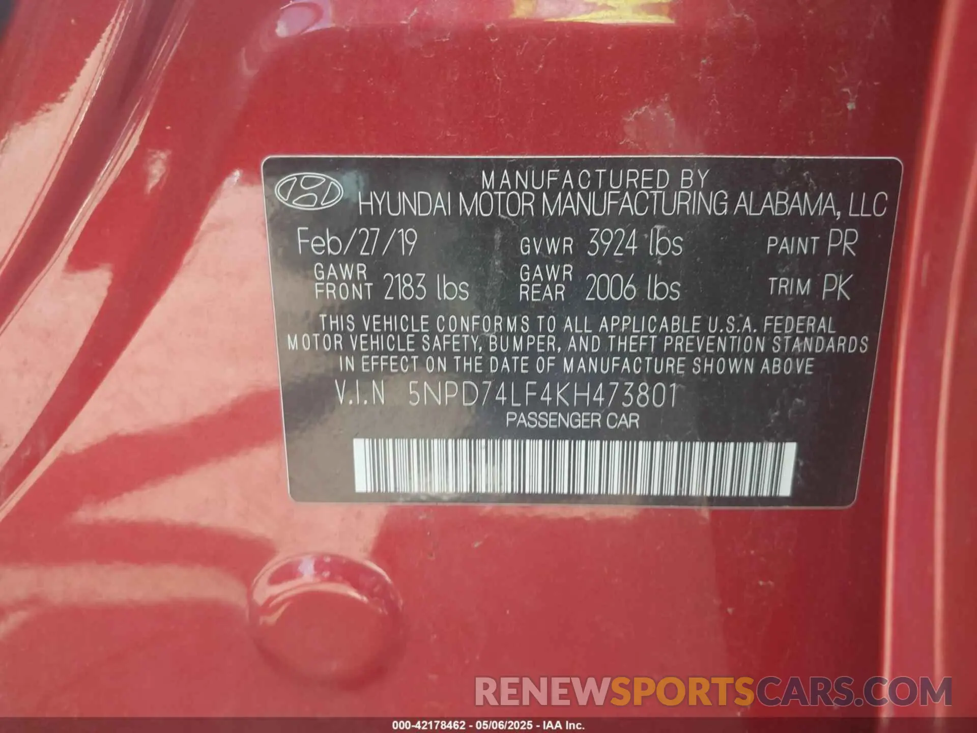 9 fotografías del automóvil dañado 5NPD74LF4KH473801 HYUNDAI ELANTRA 2019