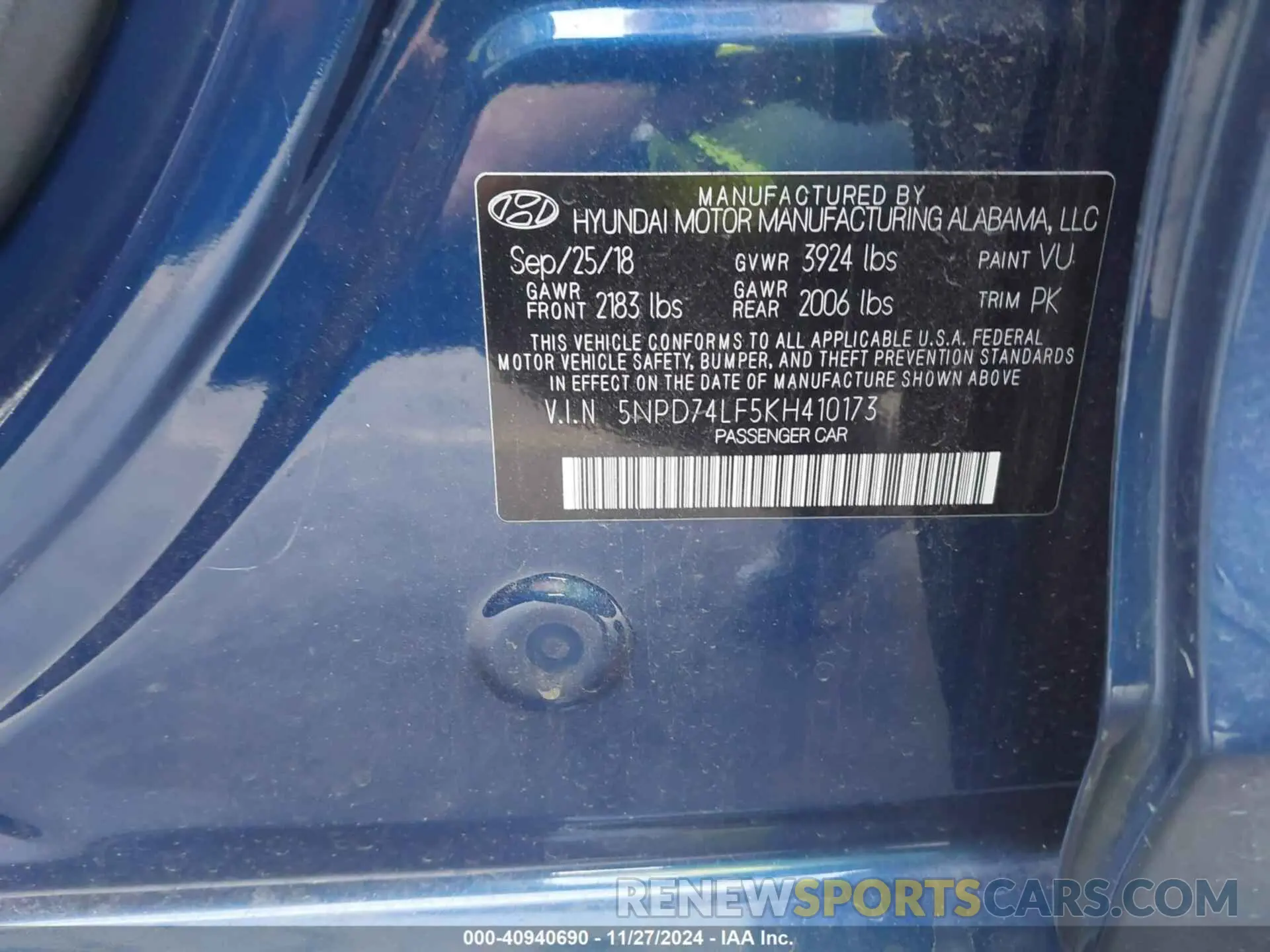 9 fotografías del automóvil dañado 5NPD74LF5KH410173 HYUNDAI ELANTRA 2019
