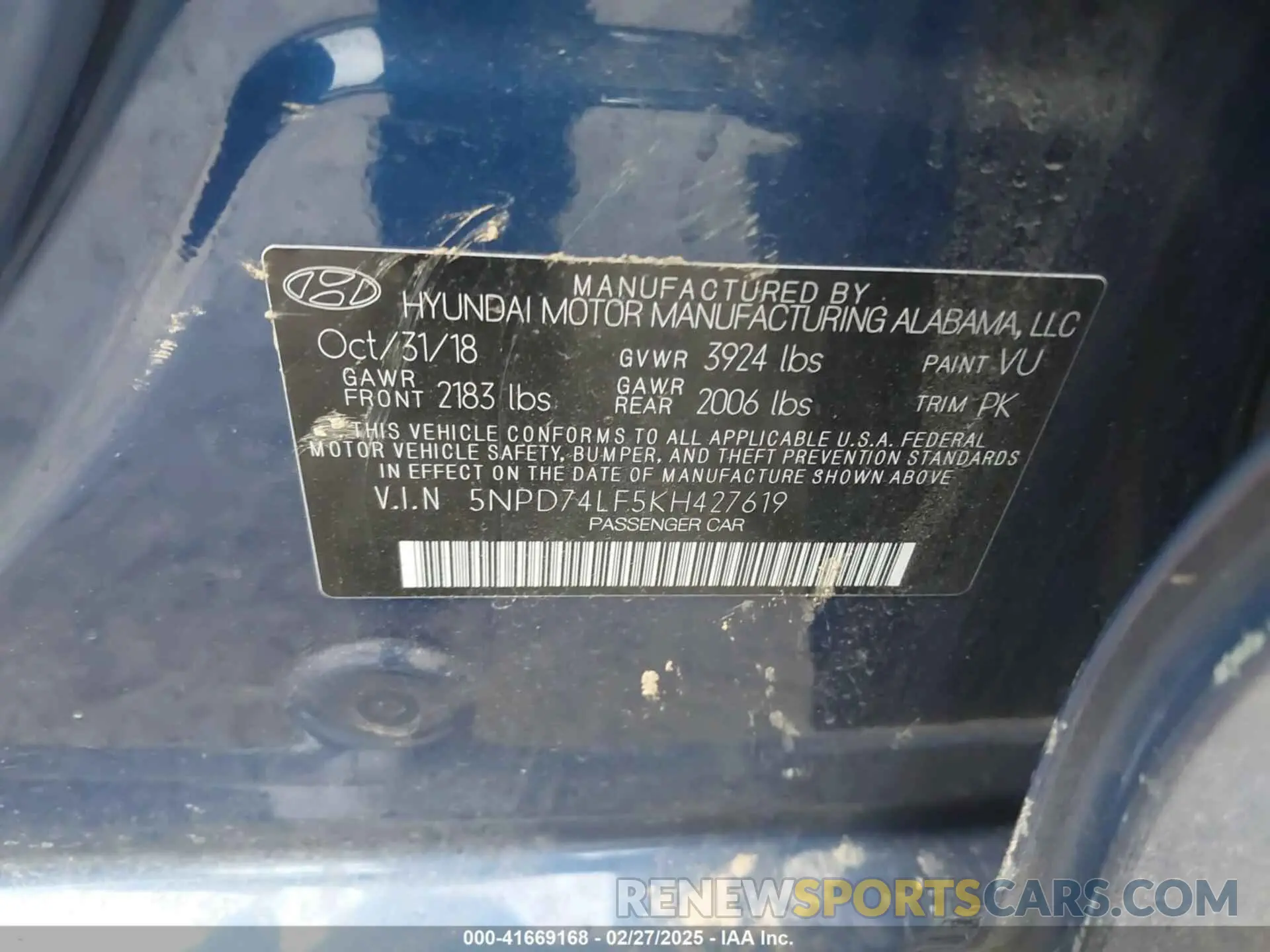 9 fotografías del automóvil dañado 5NPD74LF5KH427619 HYUNDAI ELANTRA 2019