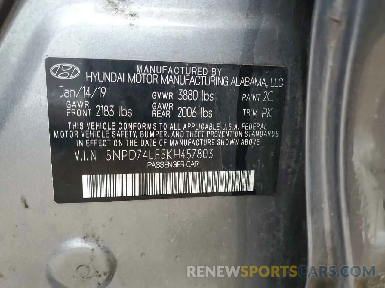 15 fotografías del automóvil dañado 5NPD74LF5KH457803 HYUNDAI ELANTRA 2019