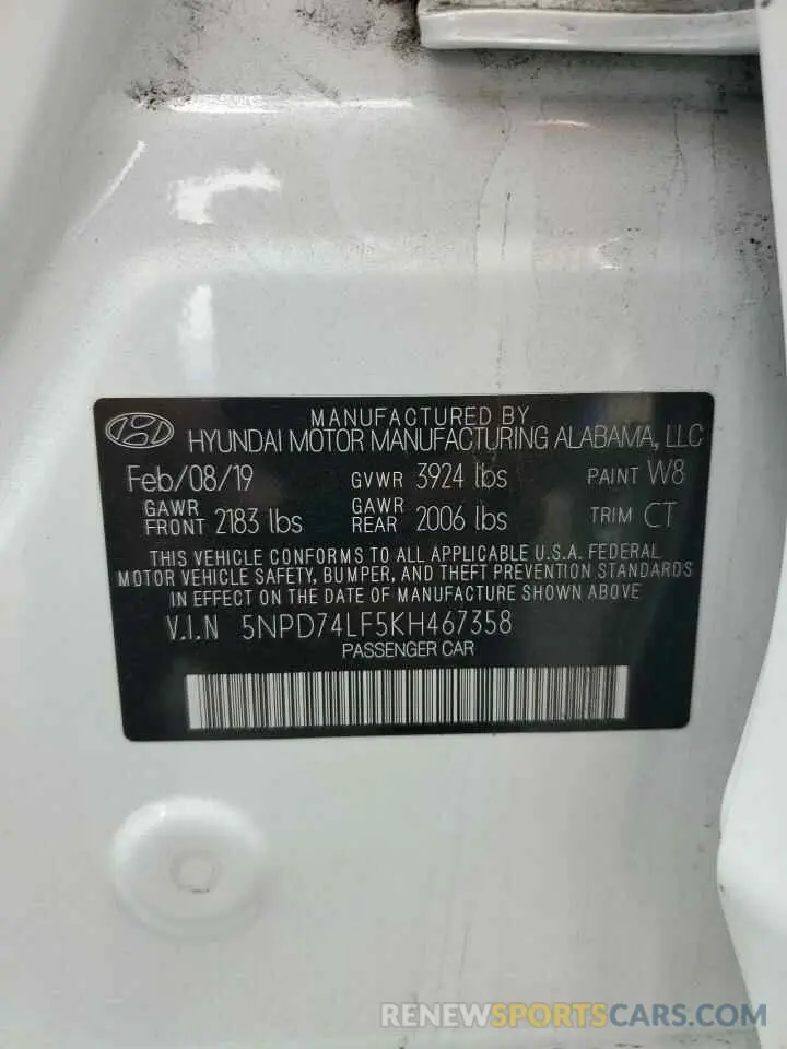 12 fotografías del automóvil dañado 5NPD74LF5KH467358 HYUNDAI ELANTRA 2019