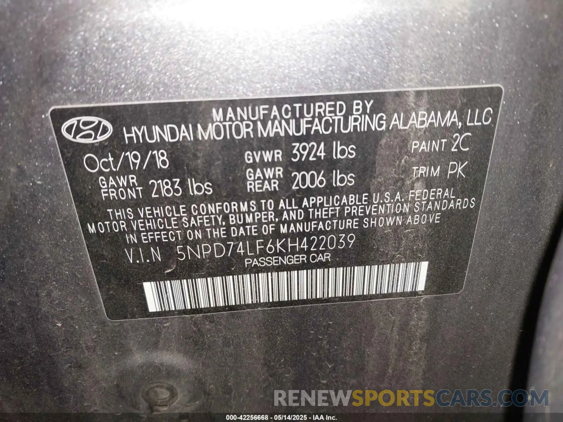 9 fotografías del automóvil dañado 5NPD74LF6KH422039 HYUNDAI ELANTRA 2019