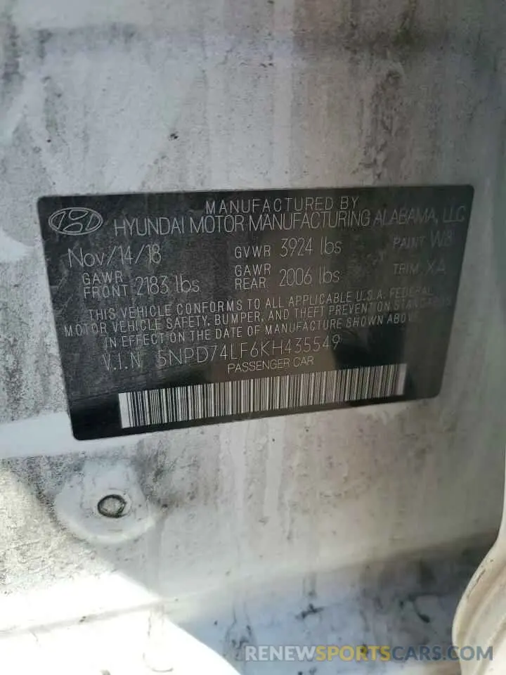 12 fotografías del automóvil dañado 5NPD74LF6KH435549 HYUNDAI ELANTRA 2019