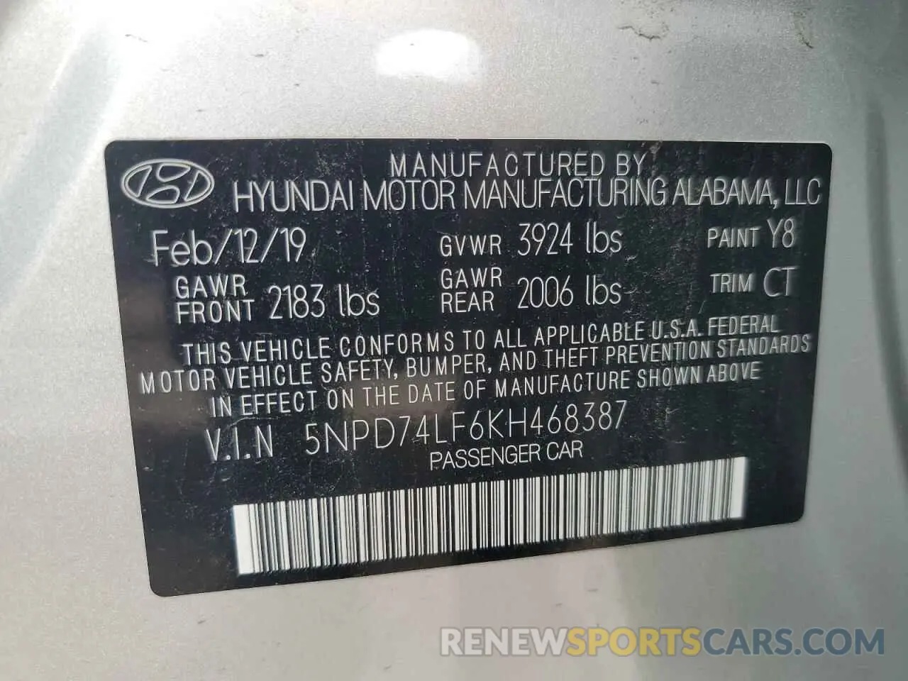 12 fotografías del automóvil dañado 5NPD74LF6KH468387 HYUNDAI ELANTRA 2019