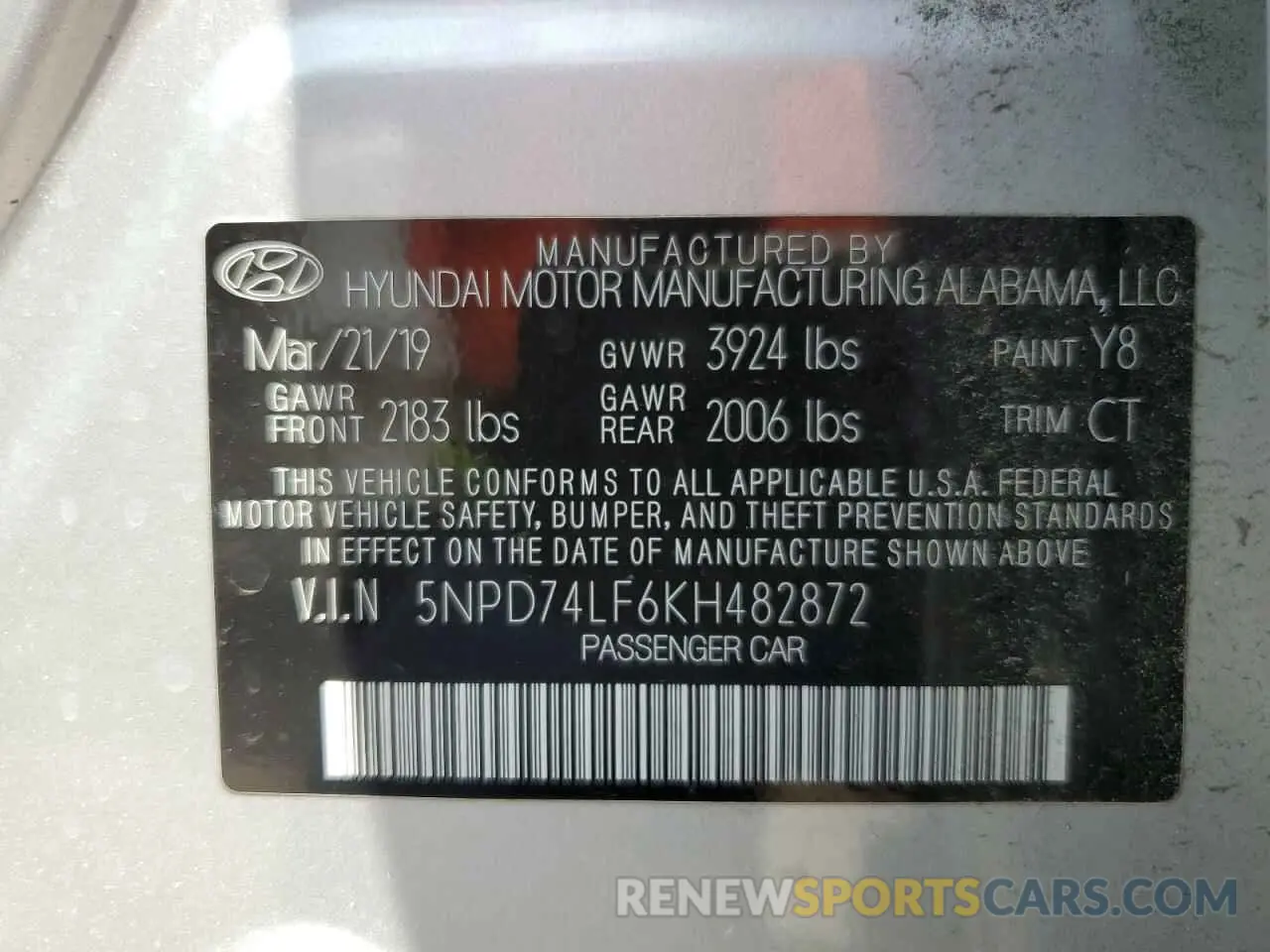 12 fotografías del automóvil dañado 5NPD74LF6KH482872 HYUNDAI ELANTRA 2019