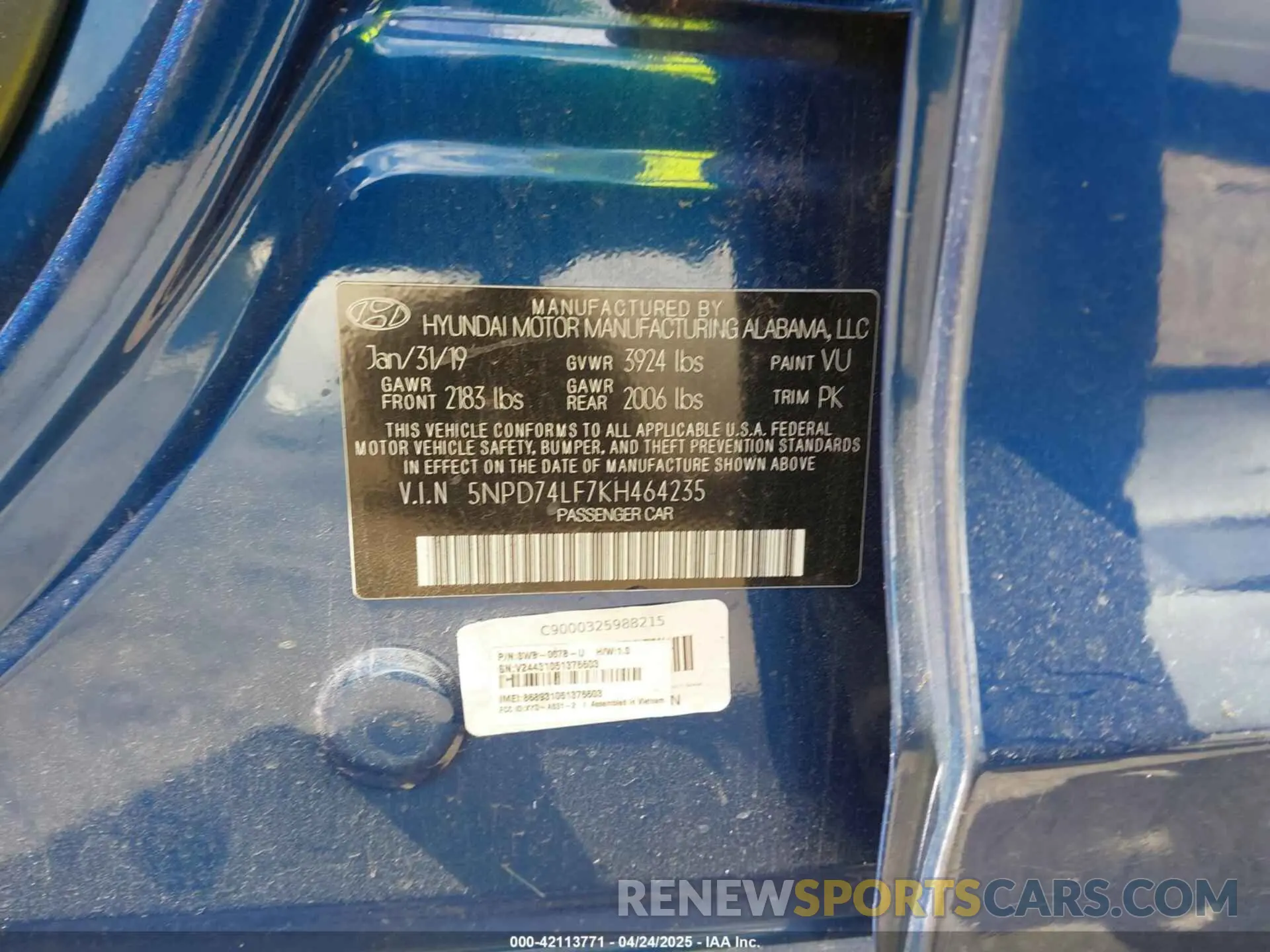 9 fotografías del automóvil dañado 5NPD74LF7KH464235 HYUNDAI ELANTRA 2019