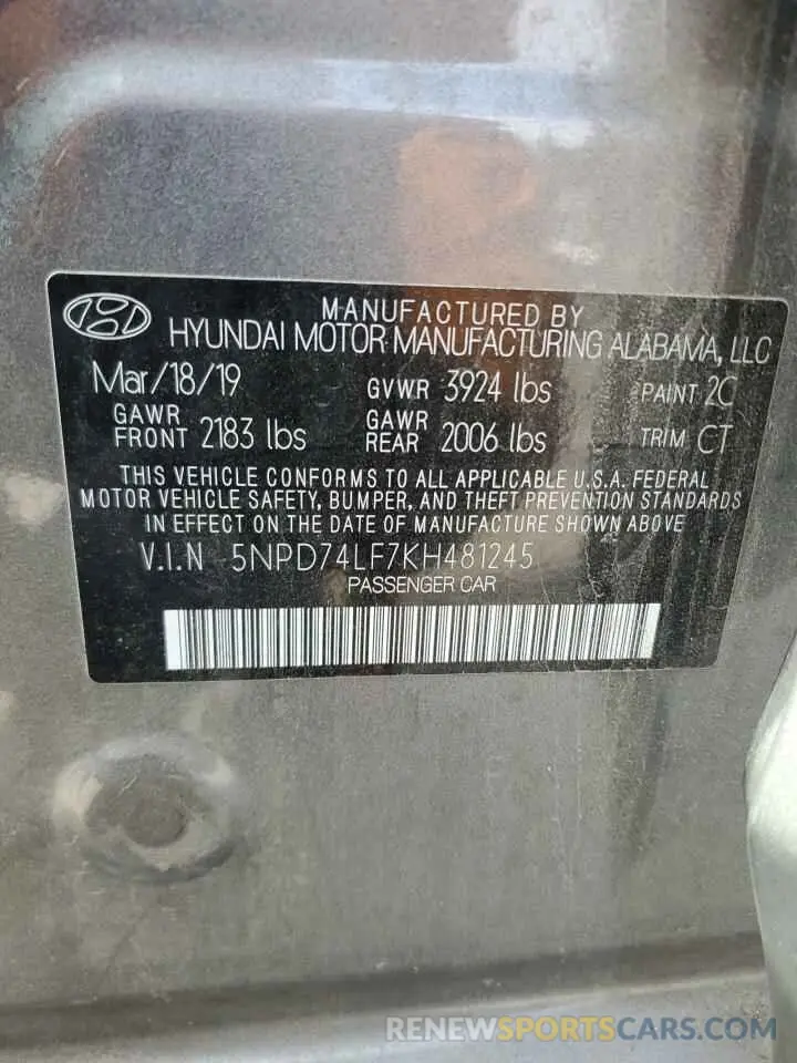 13 fotografías del automóvil dañado 5NPD74LF7KH481245 HYUNDAI ELANTRA 2019