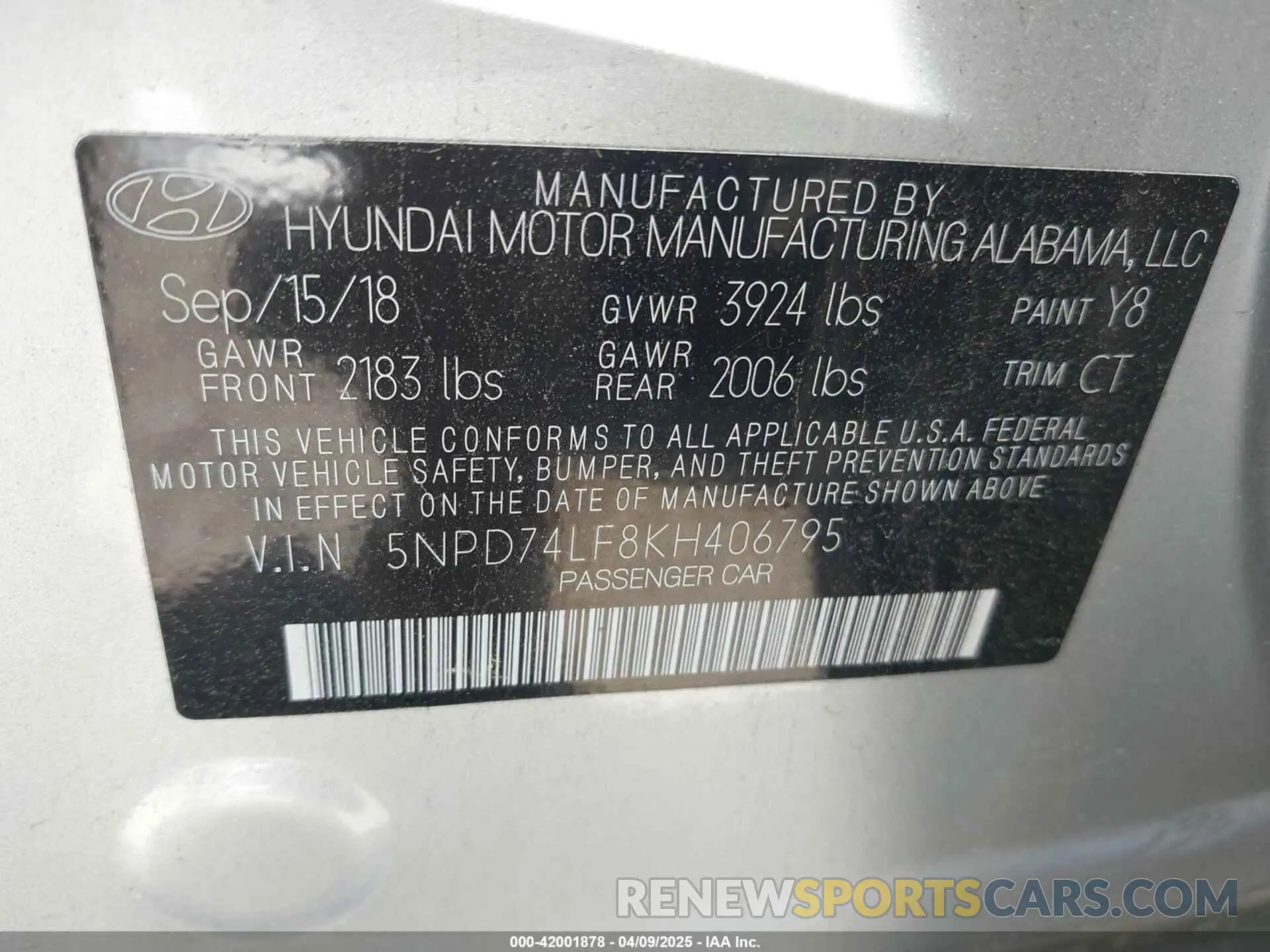 9 fotografías del automóvil dañado 5NPD74LF8KH406795 HYUNDAI ELANTRA 2019
