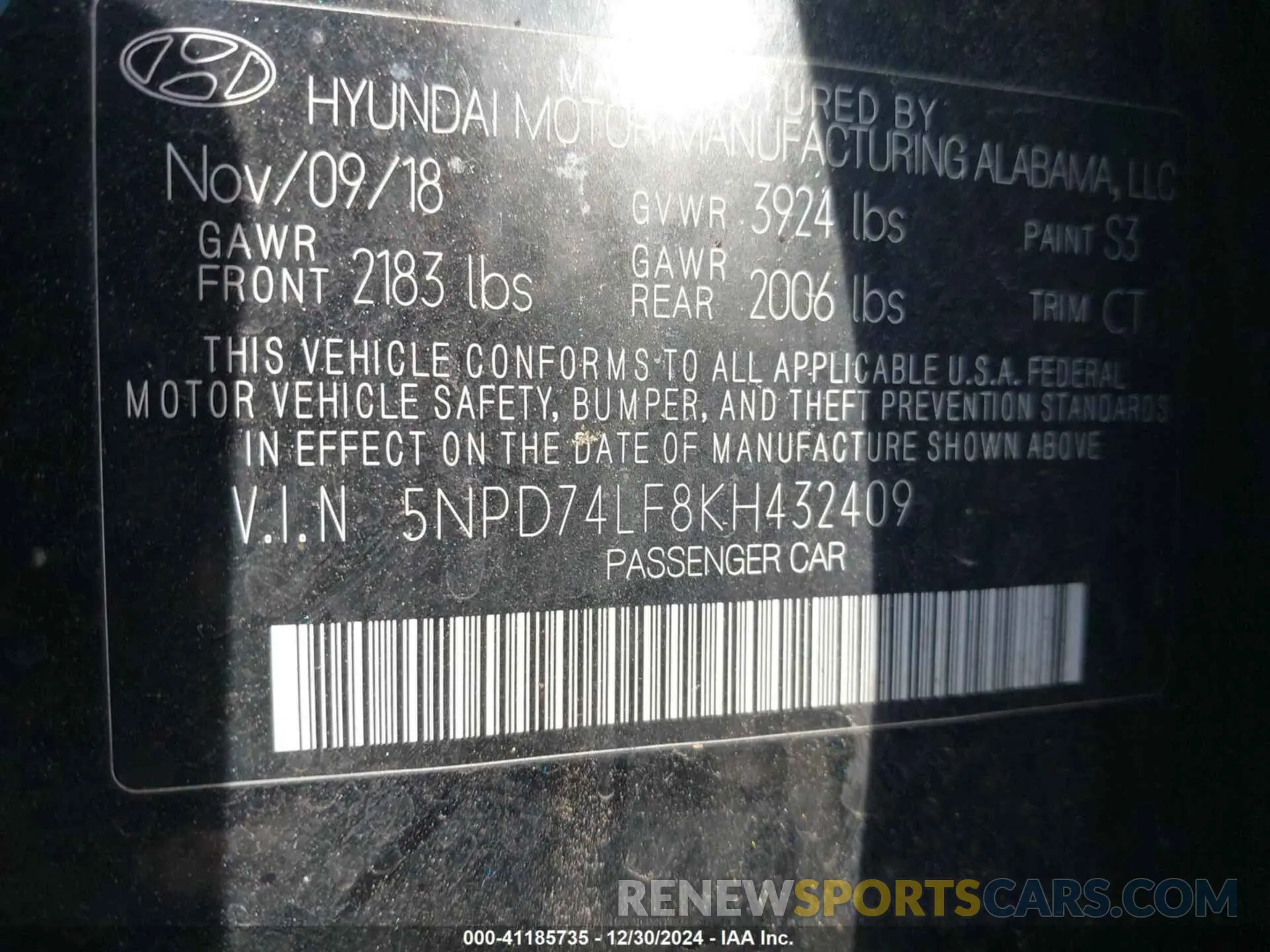 9 fotografías del automóvil dañado 5NPD74LF8KH432409 HYUNDAI ELANTRA 2019
