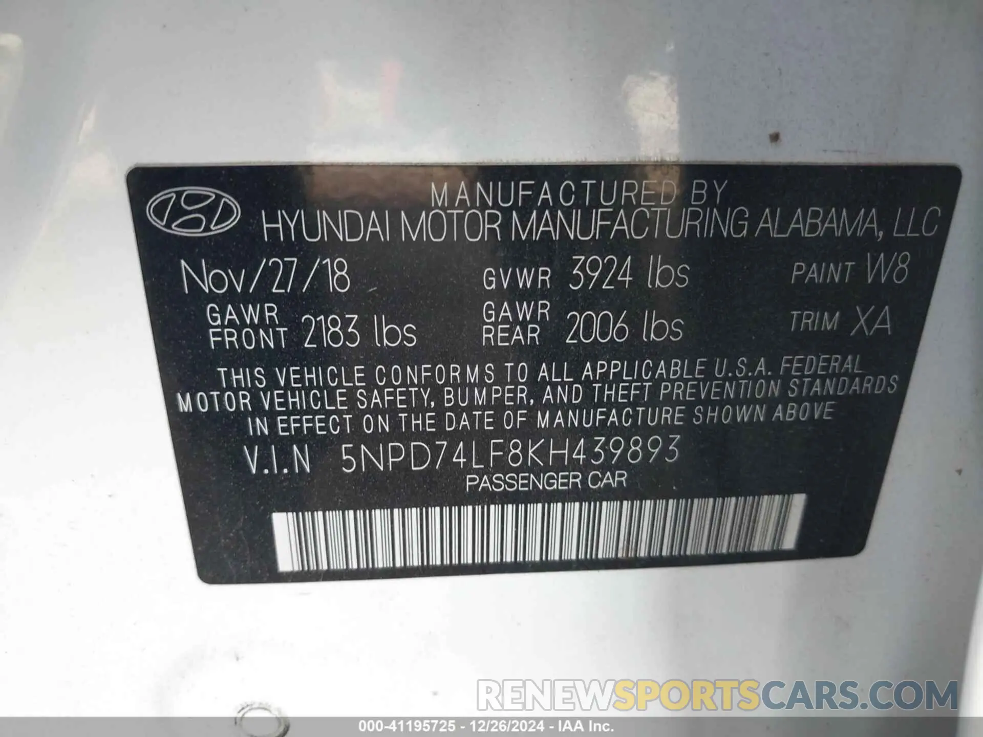 9 fotografías del automóvil dañado 5NPD74LF8KH439893 HYUNDAI ELANTRA 2019