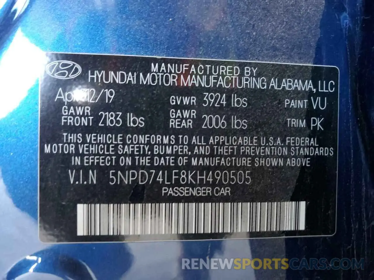 12 fotografías del automóvil dañado 5NPD74LF8KH490505 HYUNDAI ELANTRA 2019