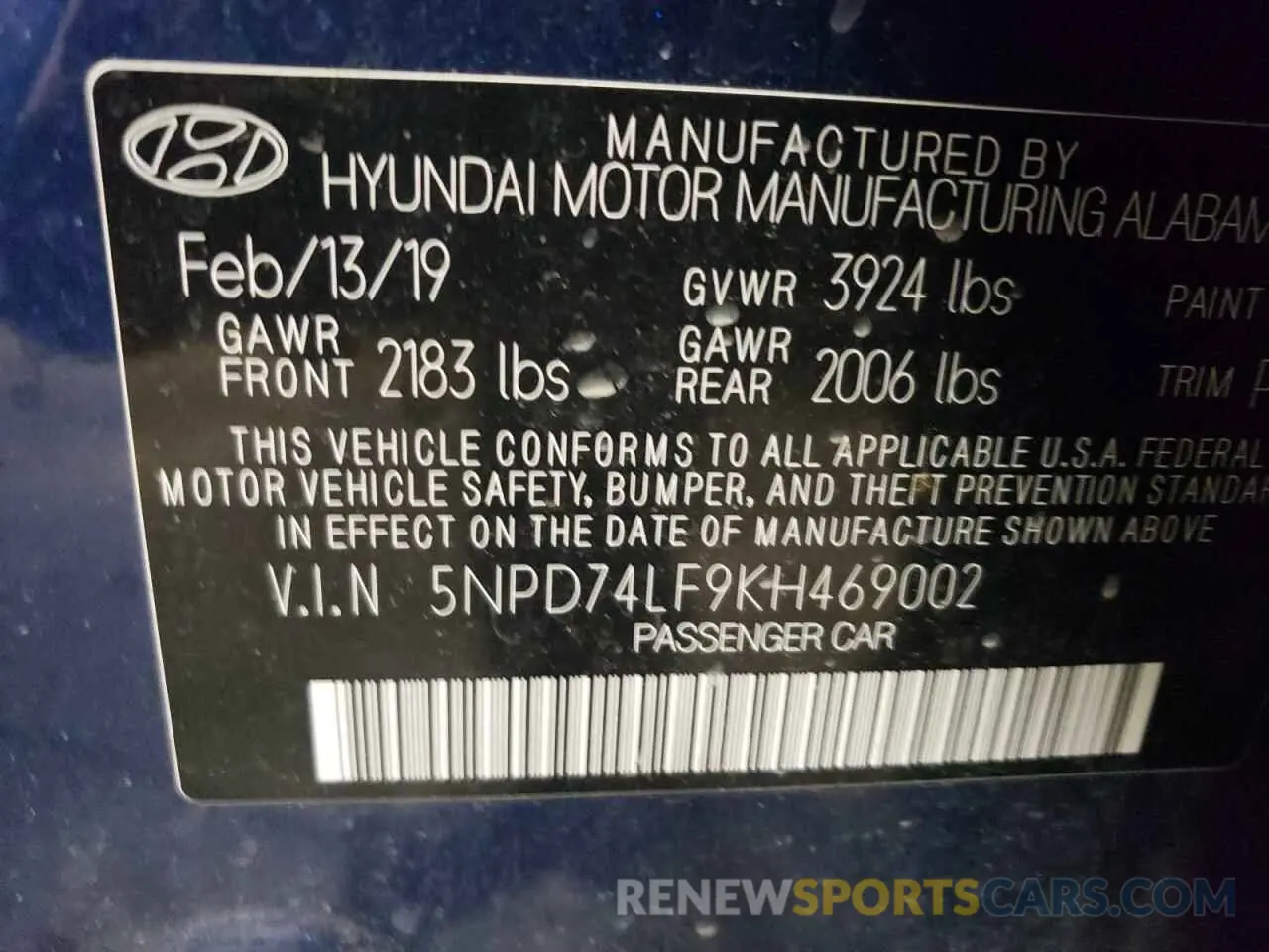 12 fotografías del automóvil dañado 5NPD74LF9KH469002 HYUNDAI ELANTRA 2019