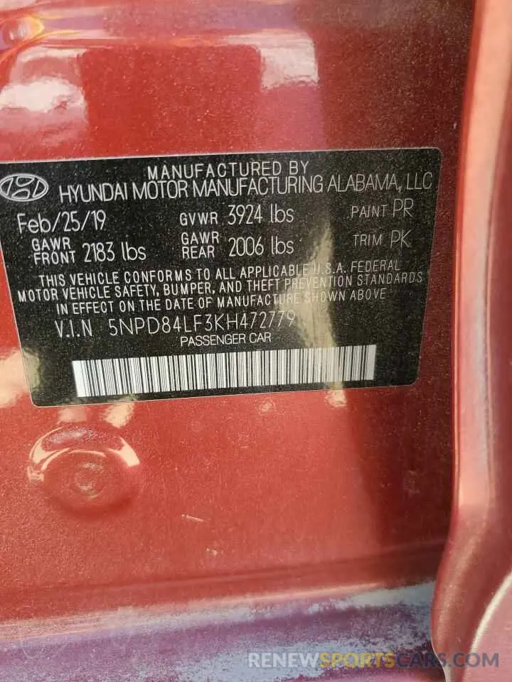 12 fotografías del automóvil dañado 5NPD84LF3KH472779 HYUNDAI ELANTRA 2019