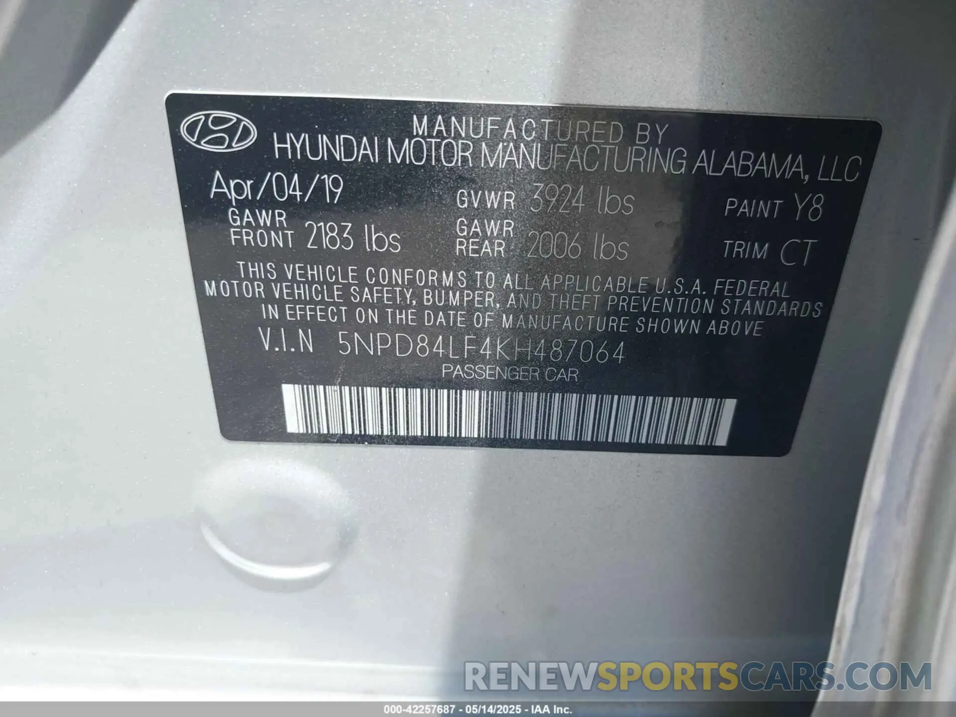 9 fotografías del automóvil dañado 5NPD84LF4KH487064 HYUNDAI ELANTRA 2019