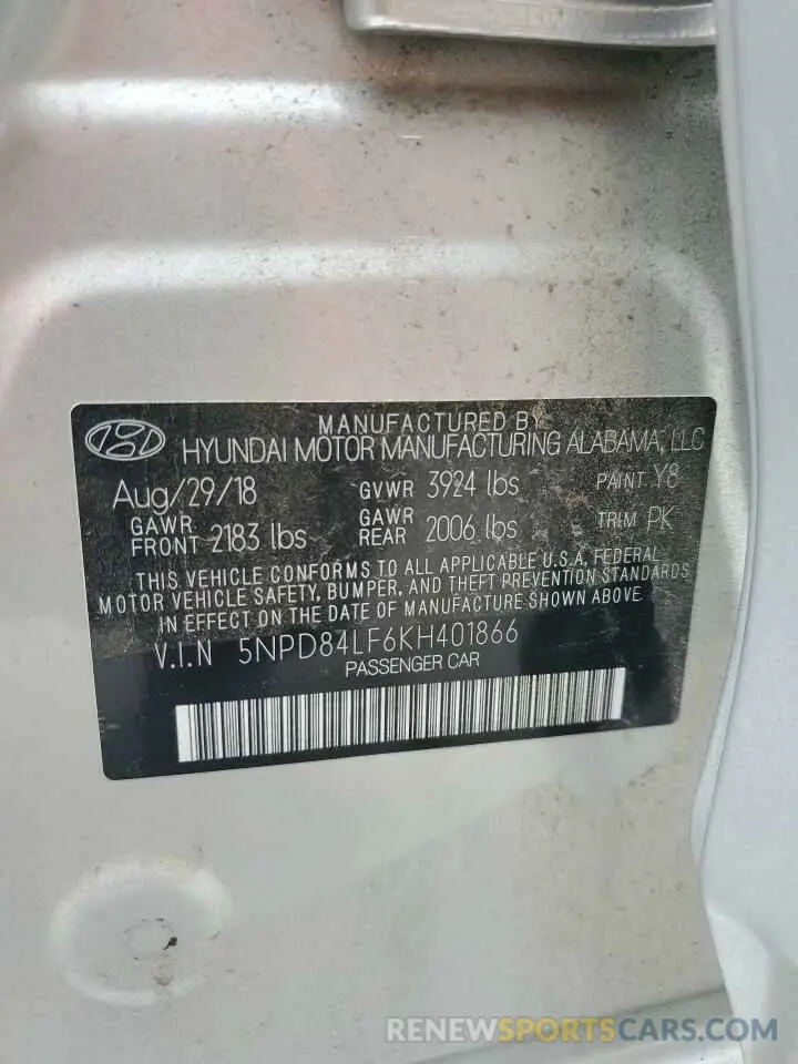 12 fotografías del automóvil dañado 5NPD84LF6KH401866 HYUNDAI ELANTRA 2019