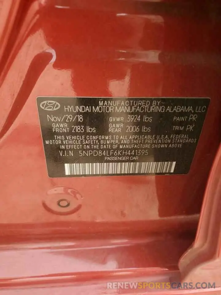 12 fotografías del automóvil dañado 5NPD84LF6KH441395 HYUNDAI ELANTRA 2019