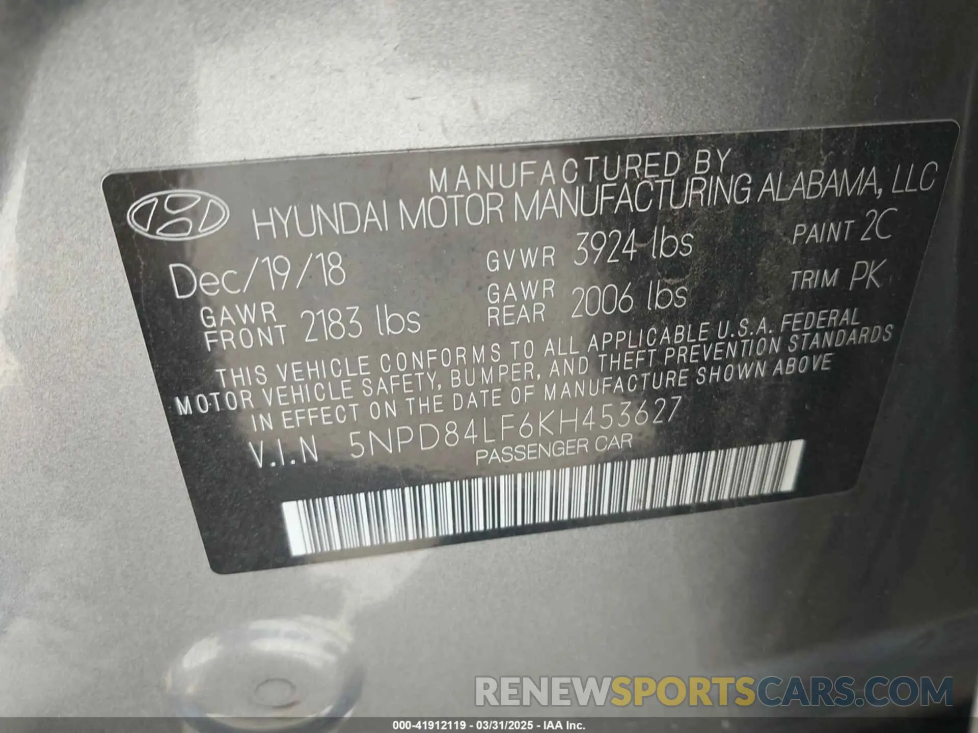 9 fotografías del automóvil dañado 5NPD84LF6KH453627 HYUNDAI ELANTRA 2019