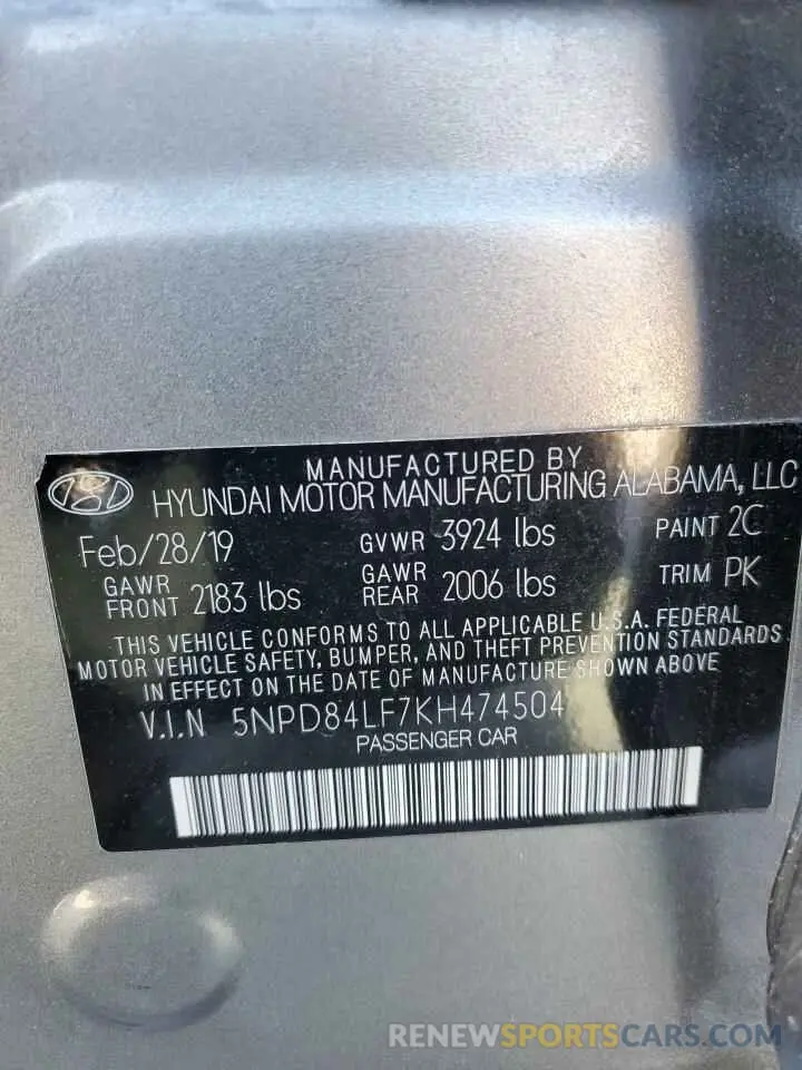 12 fotografías del automóvil dañado 5NPD84LF7KH474504 HYUNDAI ELANTRA 2019