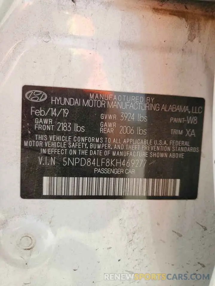 12 fotografías del automóvil dañado 5NPD84LF8KH469277 HYUNDAI ELANTRA 2019