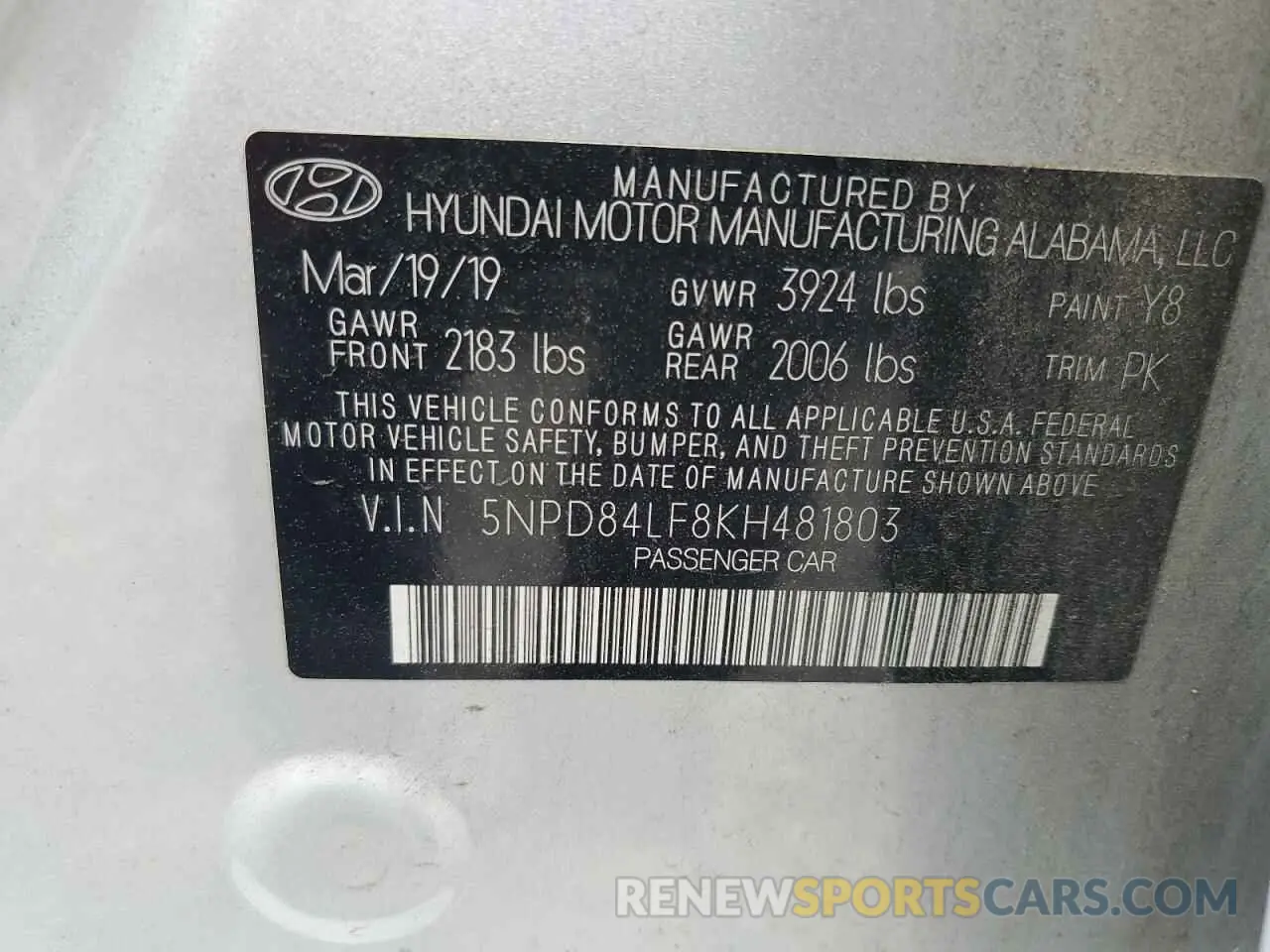 12 fotografías del automóvil dañado 5NPD84LF8KH481803 HYUNDAI ELANTRA 2019