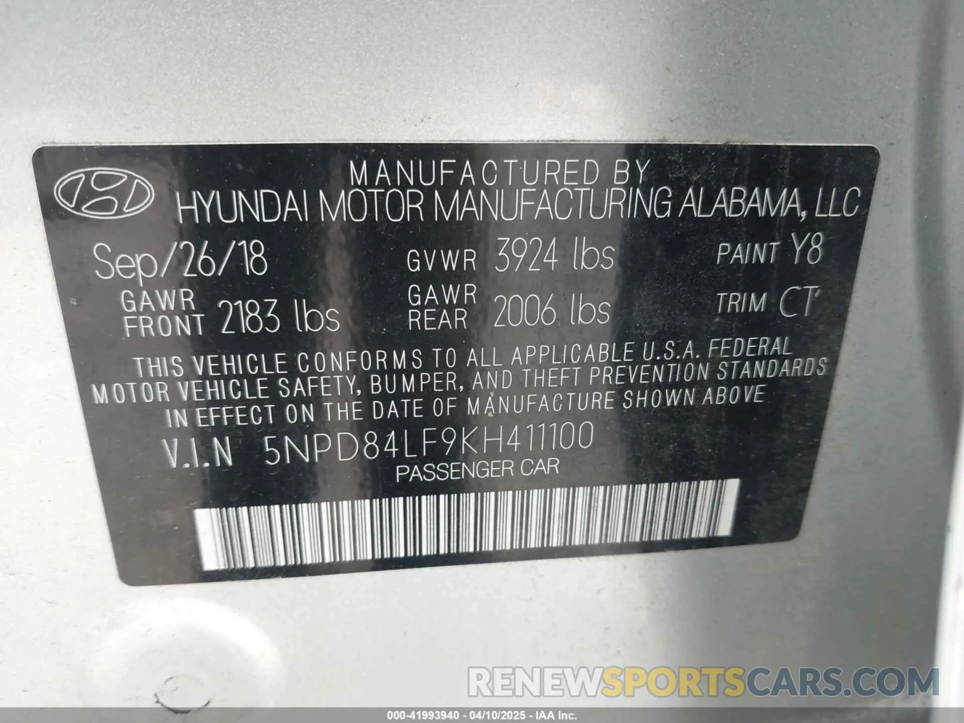 9 fotografías del automóvil dañado 5NPD84LF9KH411100 HYUNDAI ELANTRA 2019