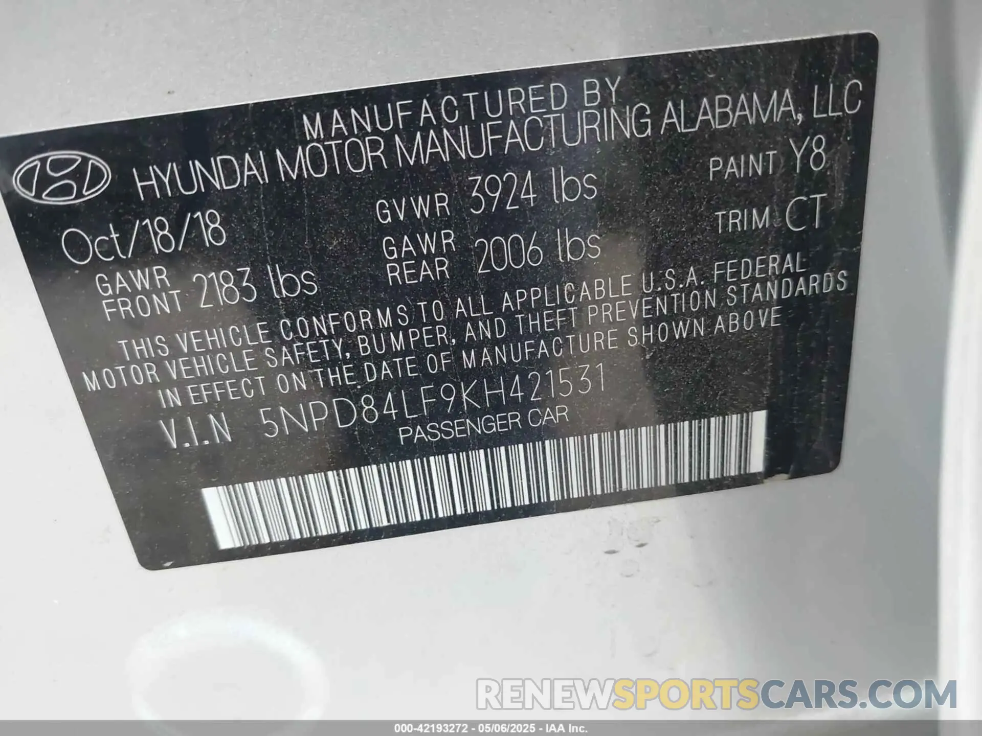 9 fotografías del automóvil dañado 5NPD84LF9KH421531 HYUNDAI ELANTRA 2019