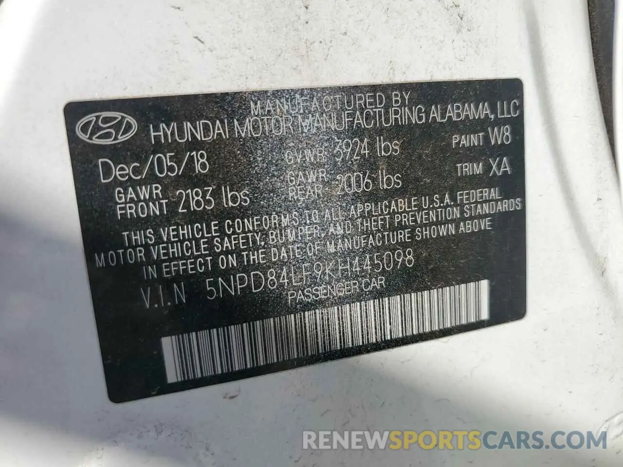 12 fotografías del automóvil dañado 5NPD84LF9KH445098 HYUNDAI ELANTRA 2019