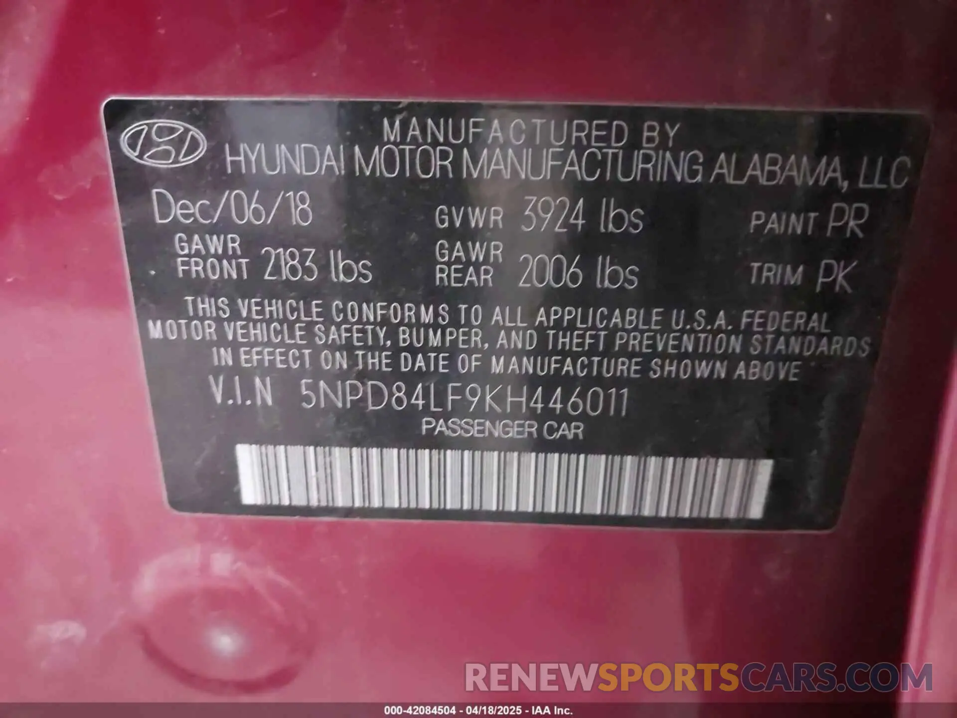 9 fotografías del automóvil dañado 5NPD84LF9KH446011 HYUNDAI ELANTRA 2019