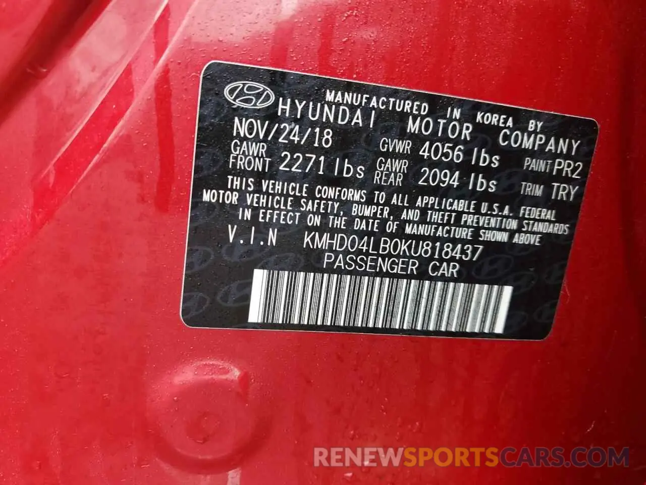 12 fotografías del automóvil dañado KMHD04LB0KU818437 HYUNDAI ELANTRA 2019