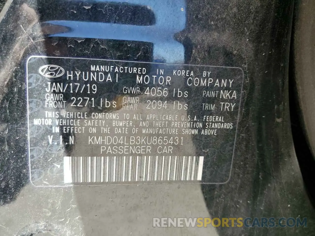 15 fotografías del automóvil dañado KMHD04LB3KU865431 HYUNDAI ELANTRA 2019