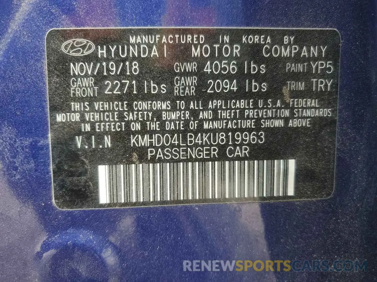 13 fotografías del automóvil dañado KMHD04LB4KU819963 HYUNDAI ELANTRA 2019