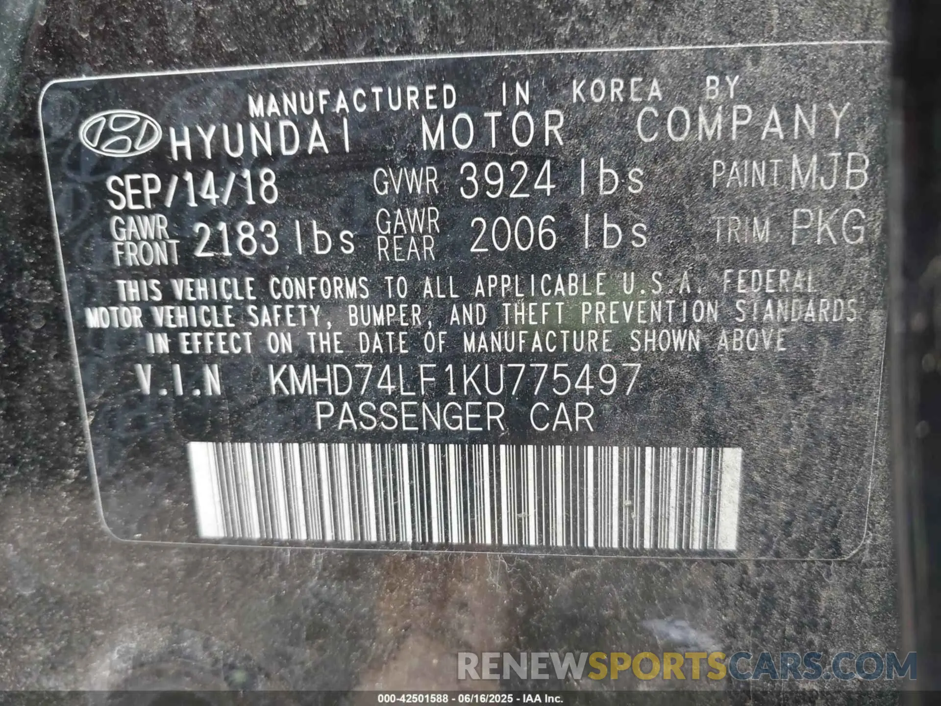 9 fotografías del automóvil dañado KMHD74LF1KU775497 HYUNDAI ELANTRA 2019