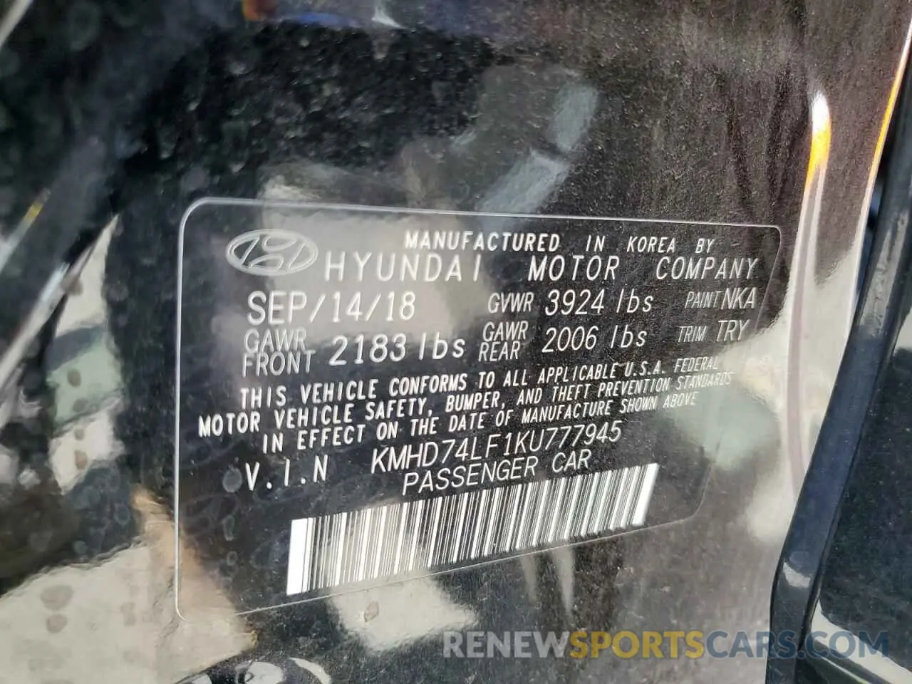 12 fotografías del automóvil dañado KMHD74LF1KU777945 HYUNDAI ELANTRA 2019