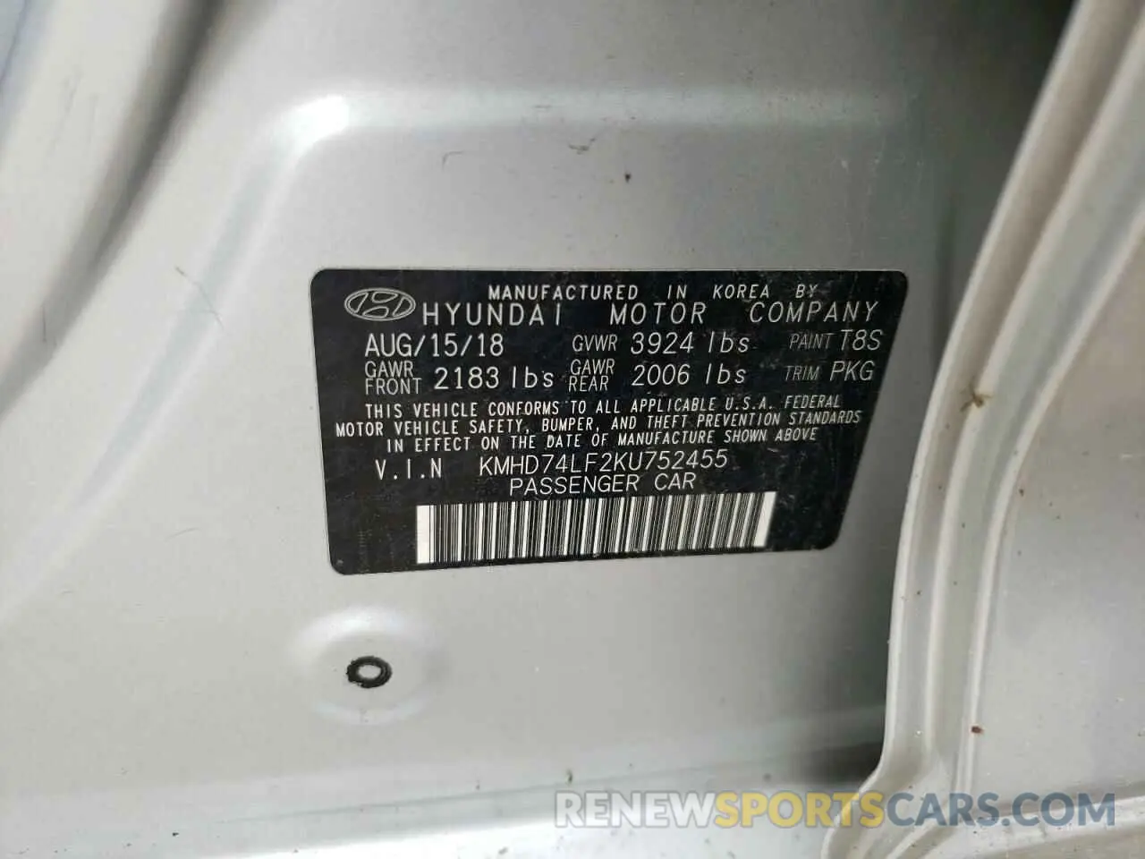 13 fotografías del automóvil dañado KMHD74LF2KU752455 HYUNDAI ELANTRA 2019