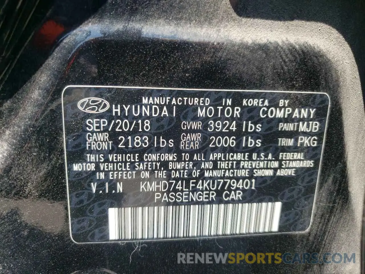 12 fotografías del automóvil dañado KMHD74LF4KU779401 HYUNDAI ELANTRA 2019