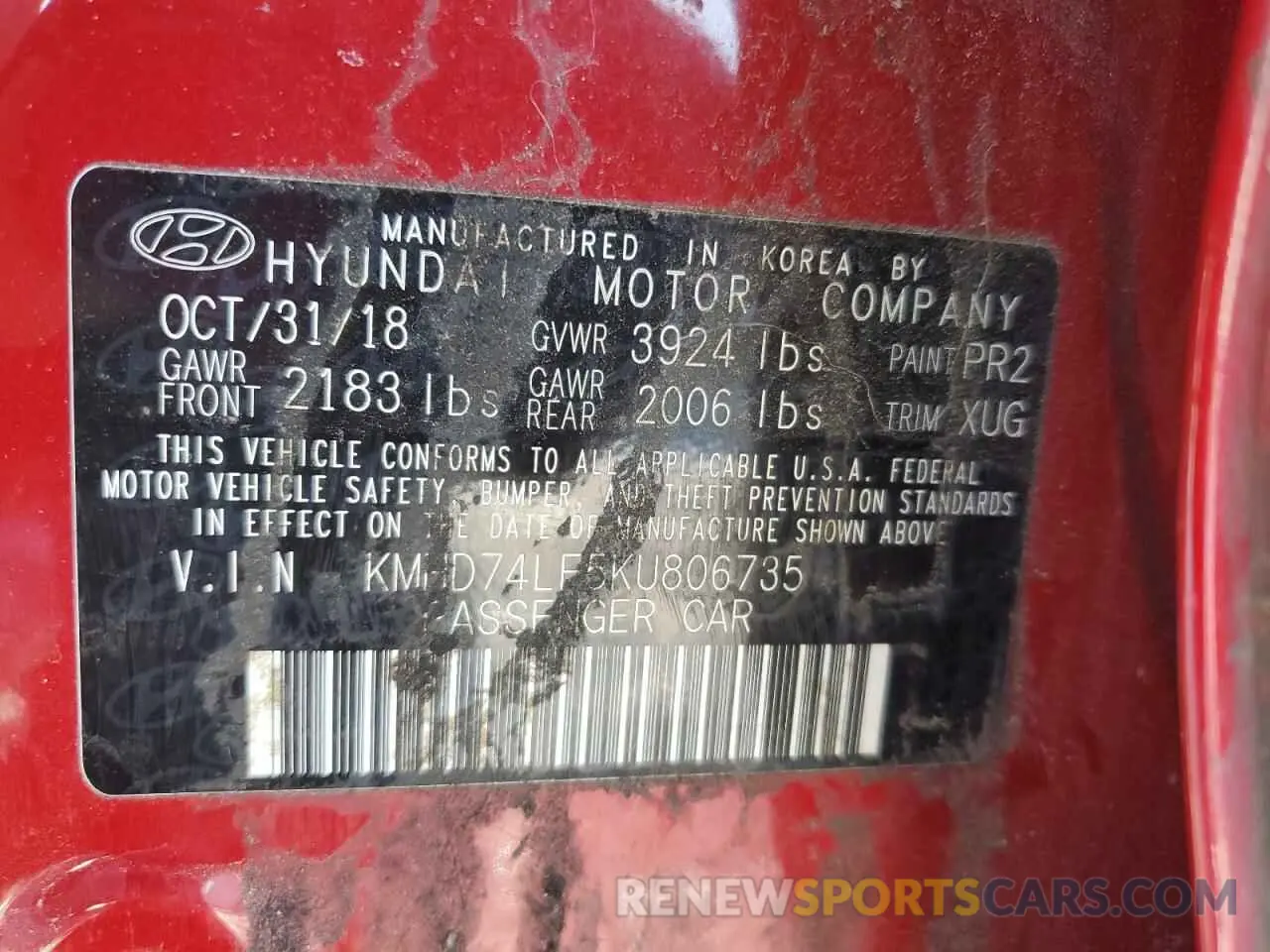 12 fotografías del automóvil dañado KMHD74LF5KU806735 HYUNDAI ELANTRA 2019