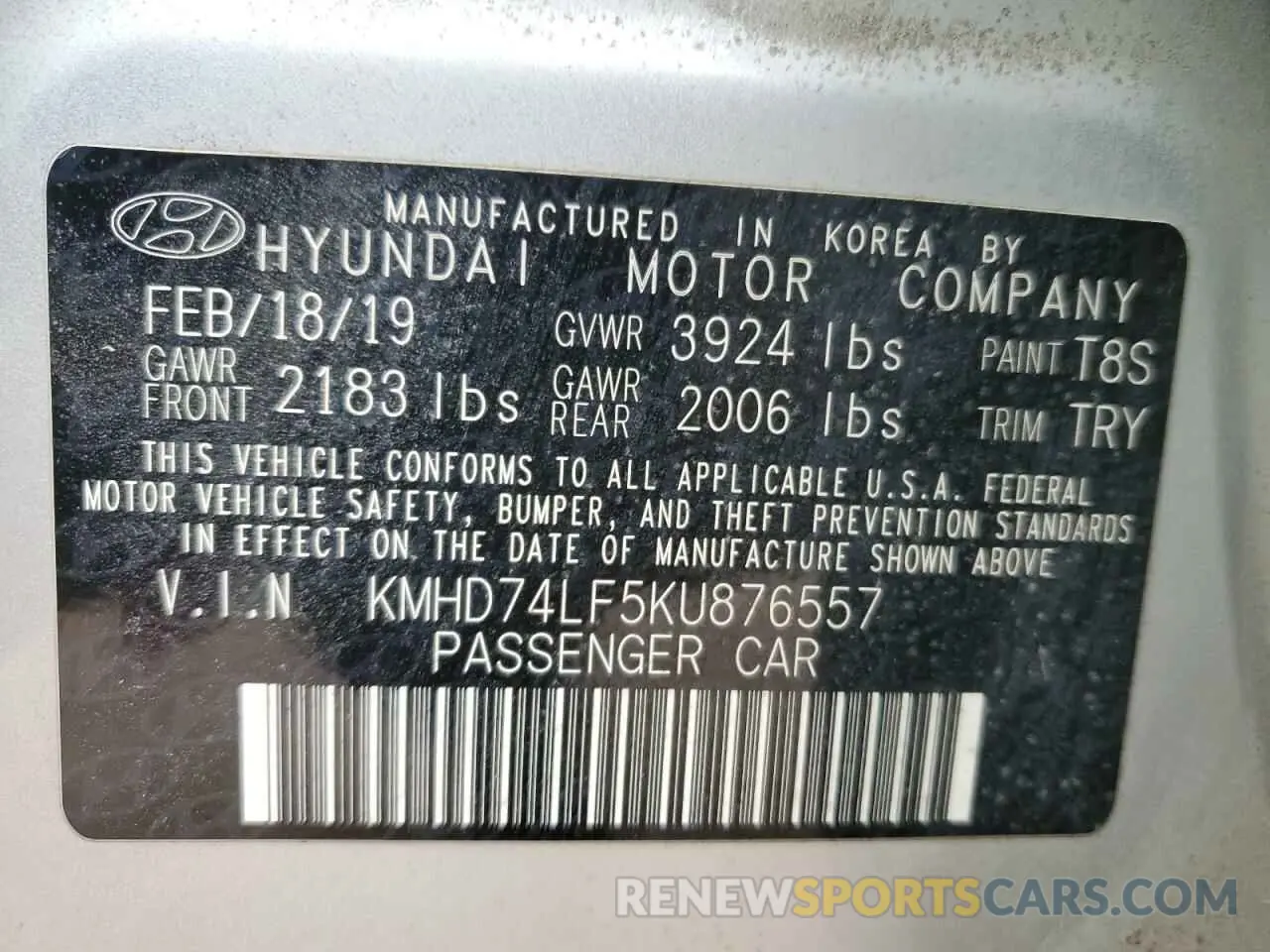 12 fotografías del automóvil dañado KMHD74LF5KU876557 HYUNDAI ELANTRA 2019