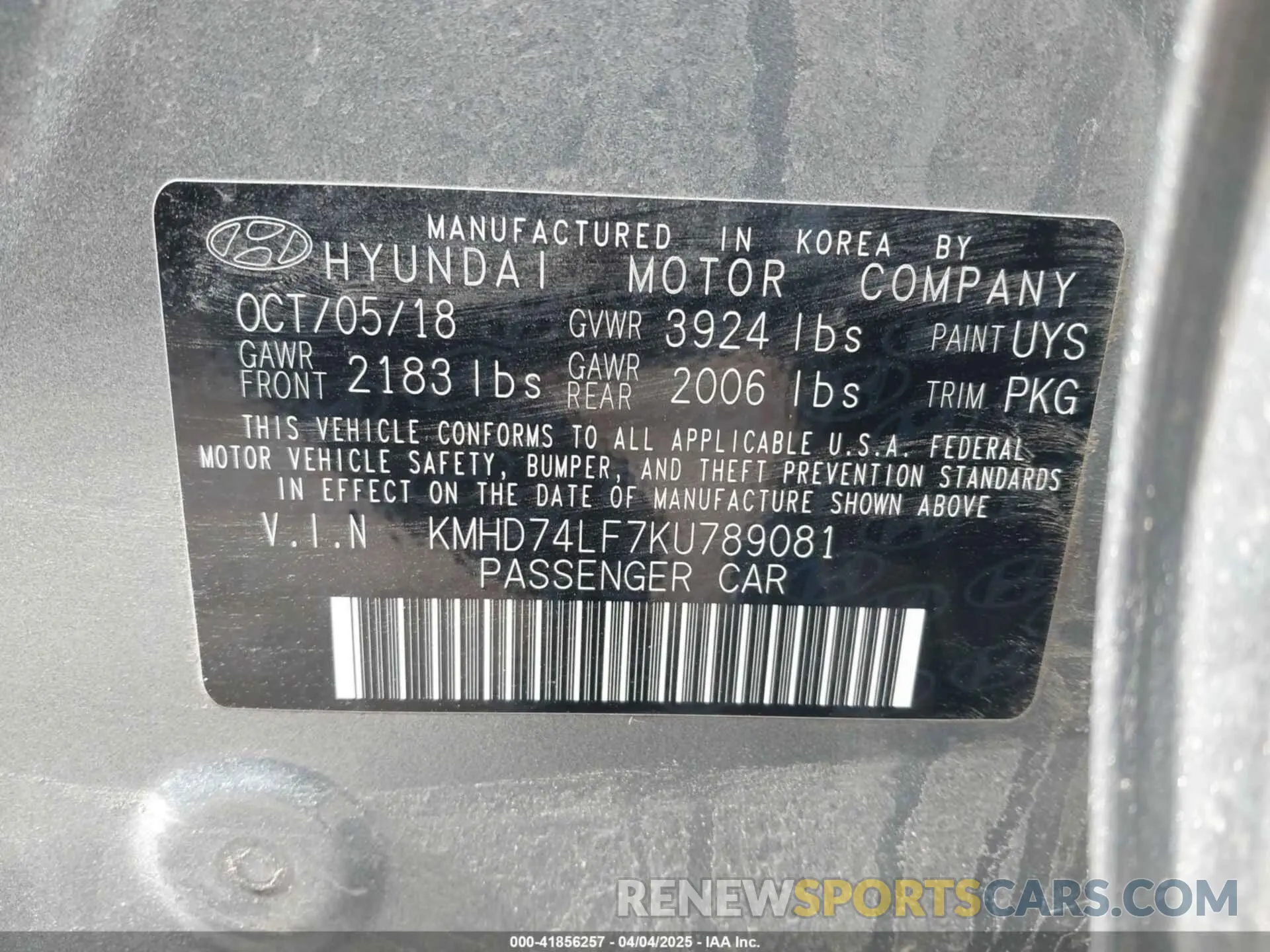 9 fotografías del automóvil dañado KMHD74LF7KU789081 HYUNDAI ELANTRA 2019