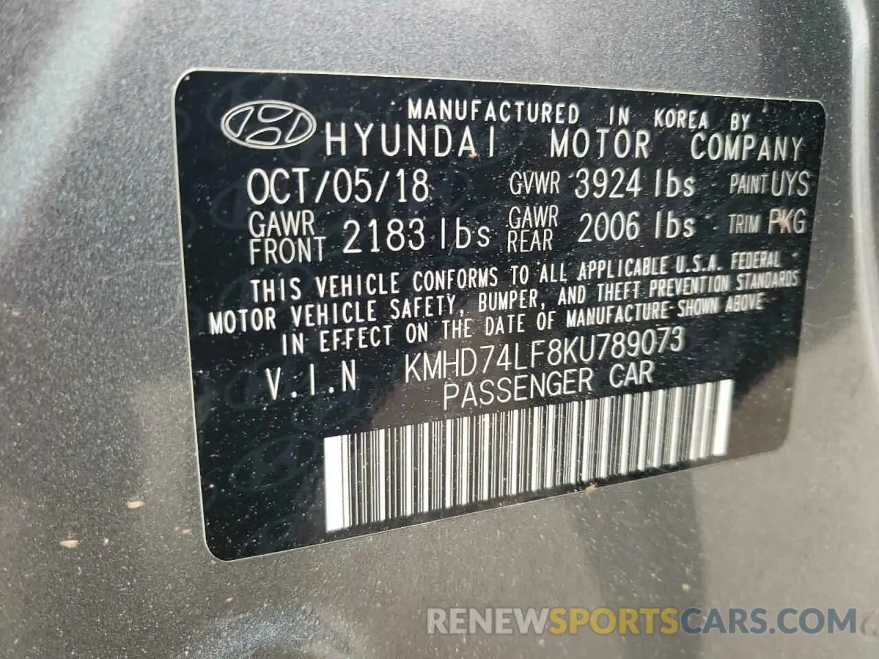 13 fotografías del automóvil dañado KMHD74LF8KU789073 HYUNDAI ELANTRA 2019