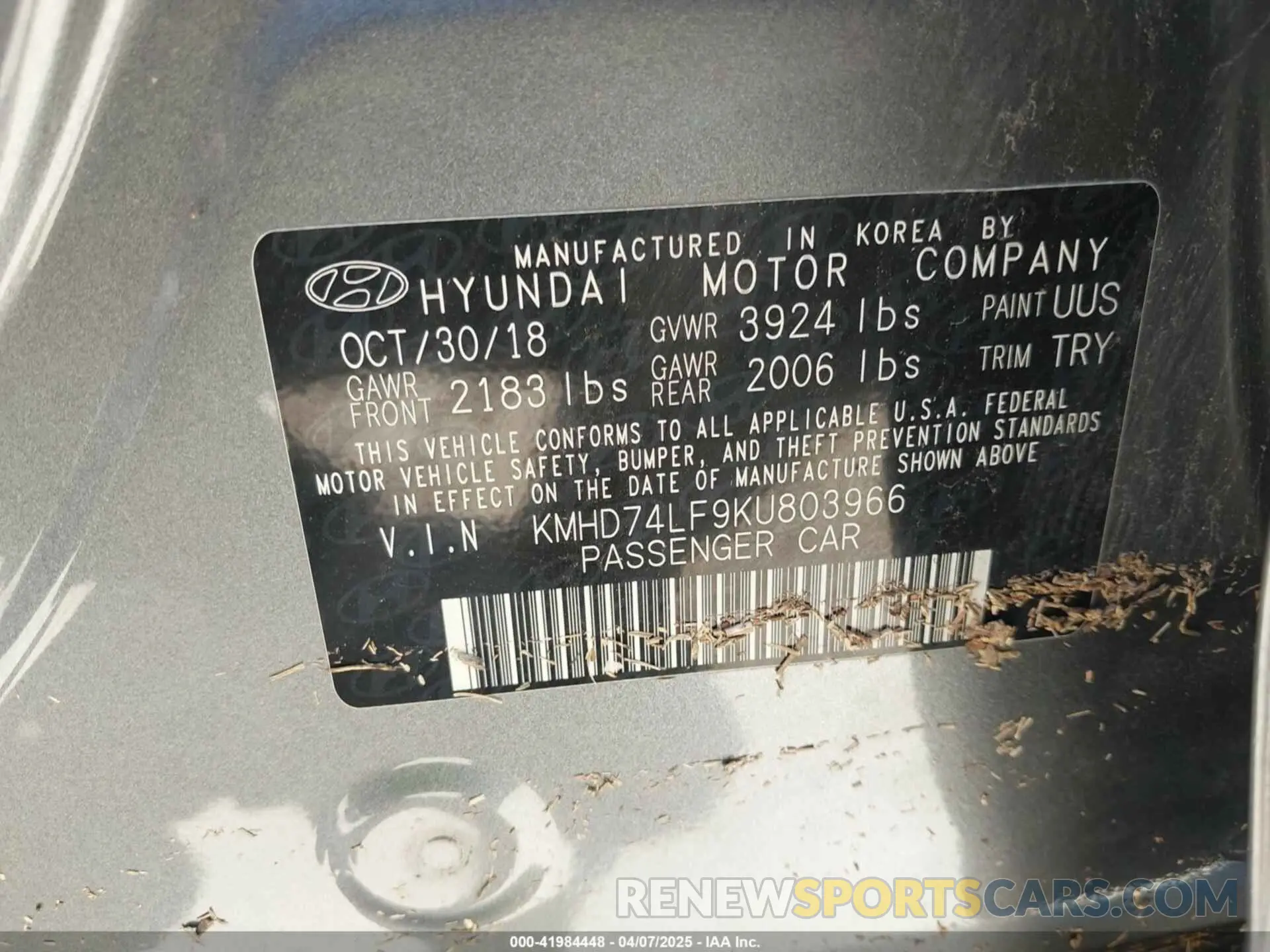 9 fotografías del automóvil dañado KMHD74LF9KU803966 HYUNDAI ELANTRA 2019