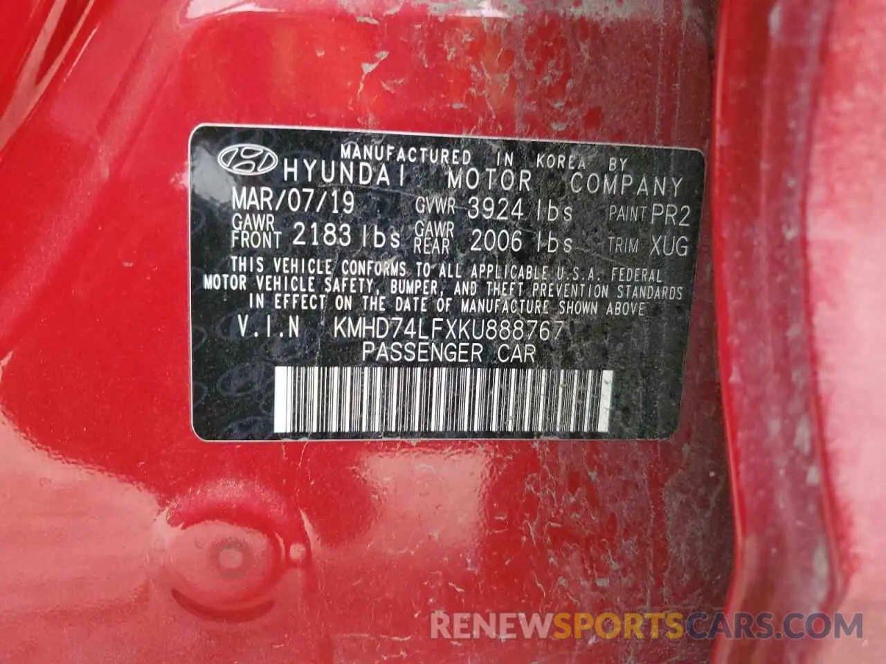 15 fotografías del automóvil dañado KMHD74LFXKU888767 HYUNDAI ELANTRA 2019