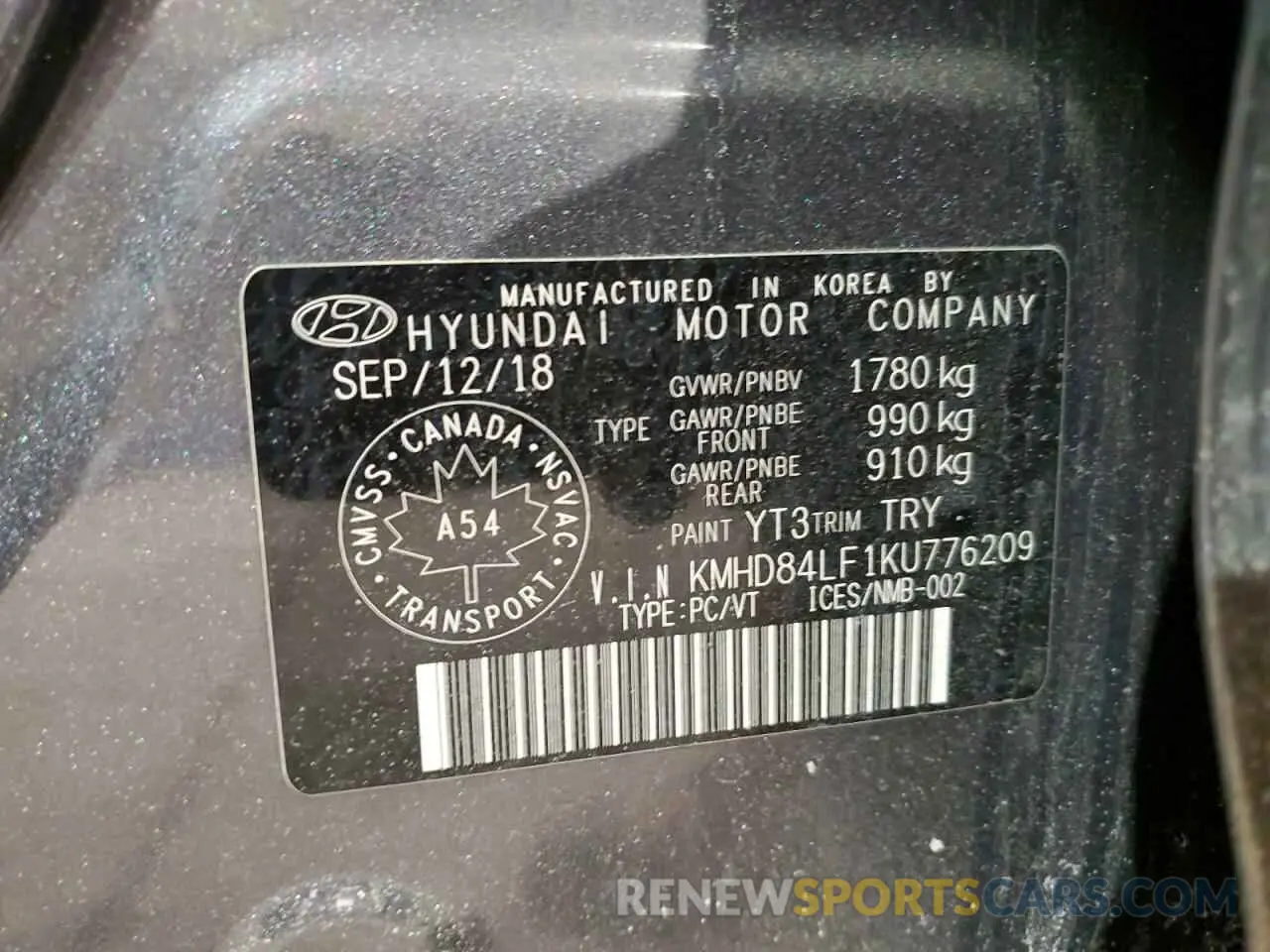 12 fotografías del automóvil dañado KMHD84LF1KU776209 HYUNDAI ELANTRA 2019