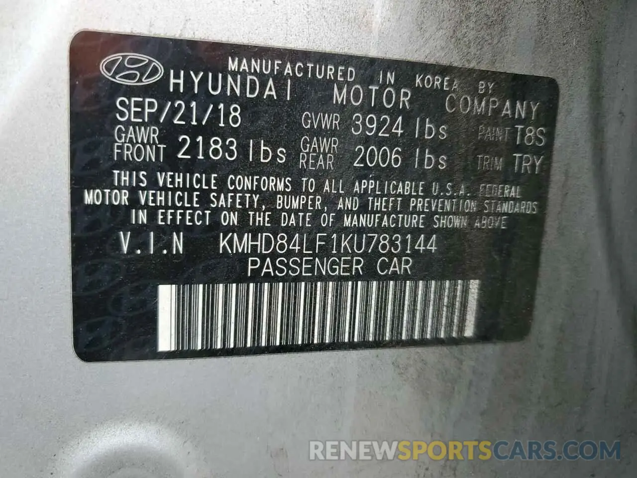 13 fotografías del automóvil dañado KMHD84LF1KU783144 HYUNDAI ELANTRA 2019