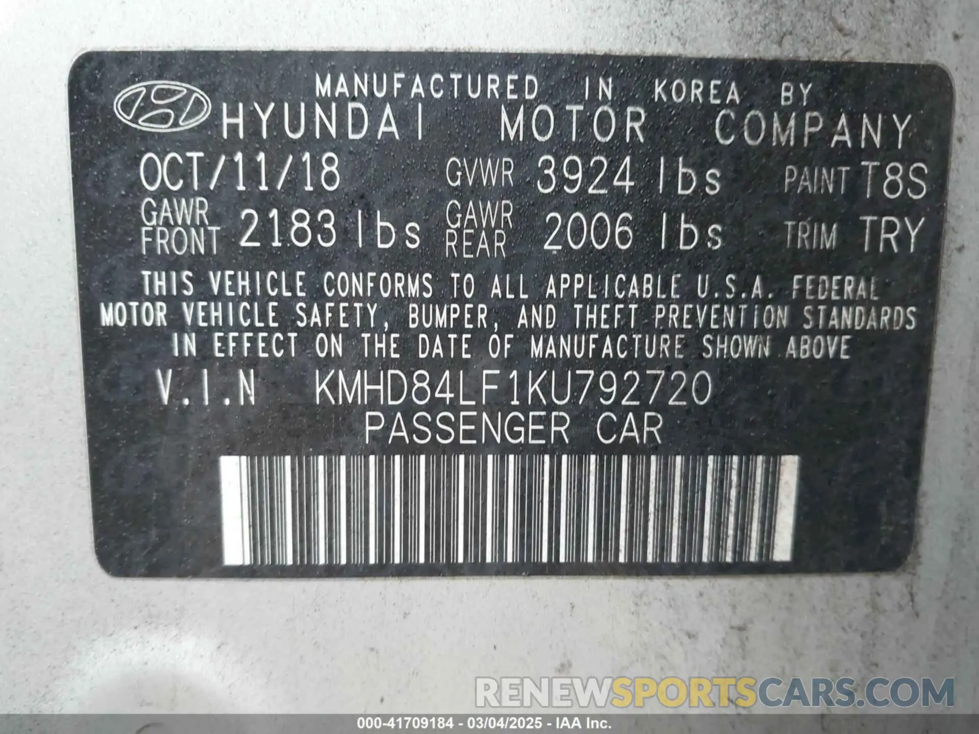 9 fotografías del automóvil dañado KMHD84LF1KU792720 HYUNDAI ELANTRA 2019