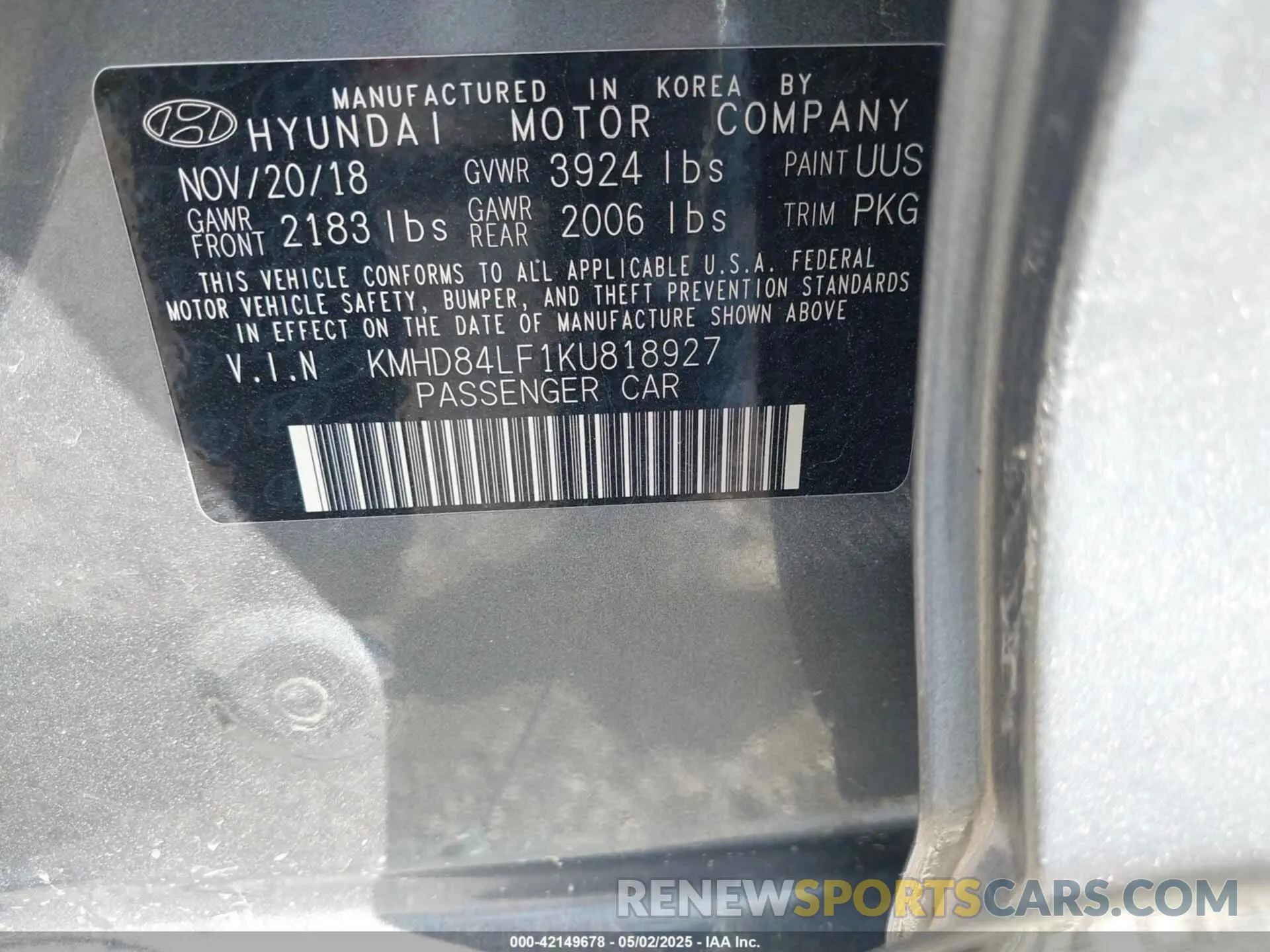 9 fotografías del automóvil dañado KMHD84LF1KU818927 HYUNDAI ELANTRA 2019