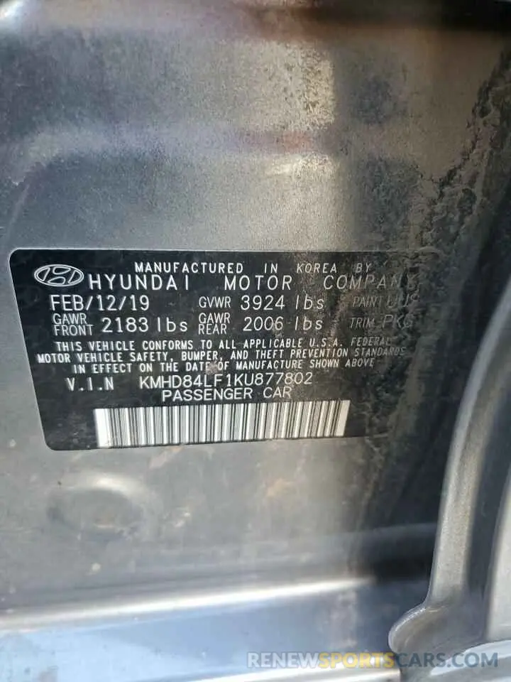 12 fotografías del automóvil dañado KMHD84LF1KU877802 HYUNDAI ELANTRA 2019