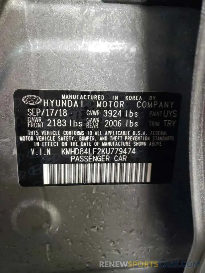 12 fotografías del automóvil dañado KMHD84LF2KU779474 HYUNDAI ELANTRA 2019