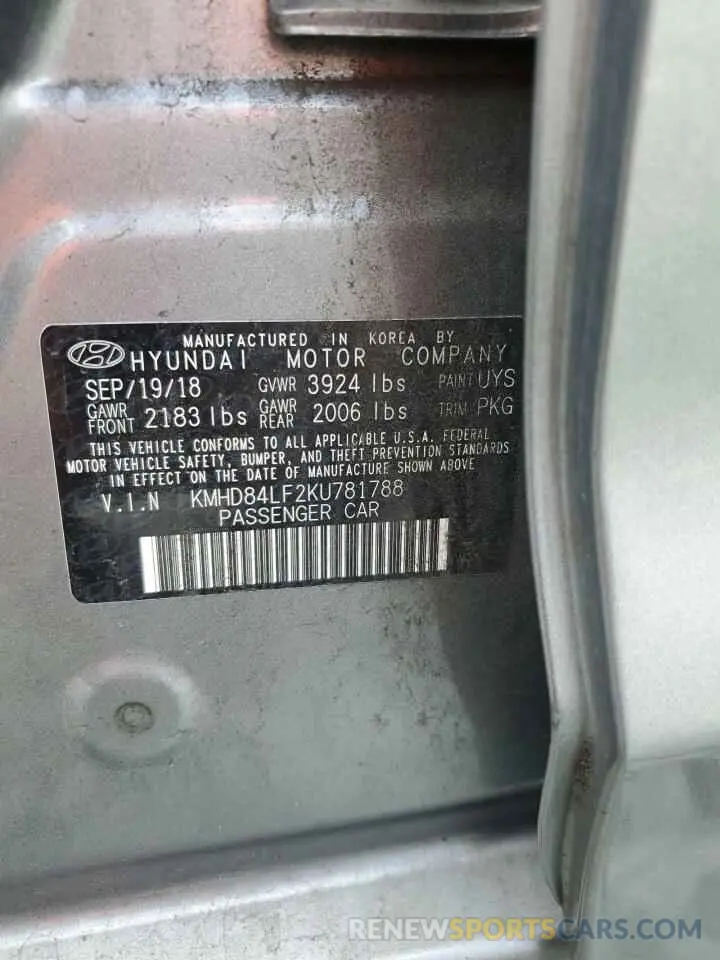 12 fotografías del automóvil dañado KMHD84LF2KU781788 HYUNDAI ELANTRA 2019